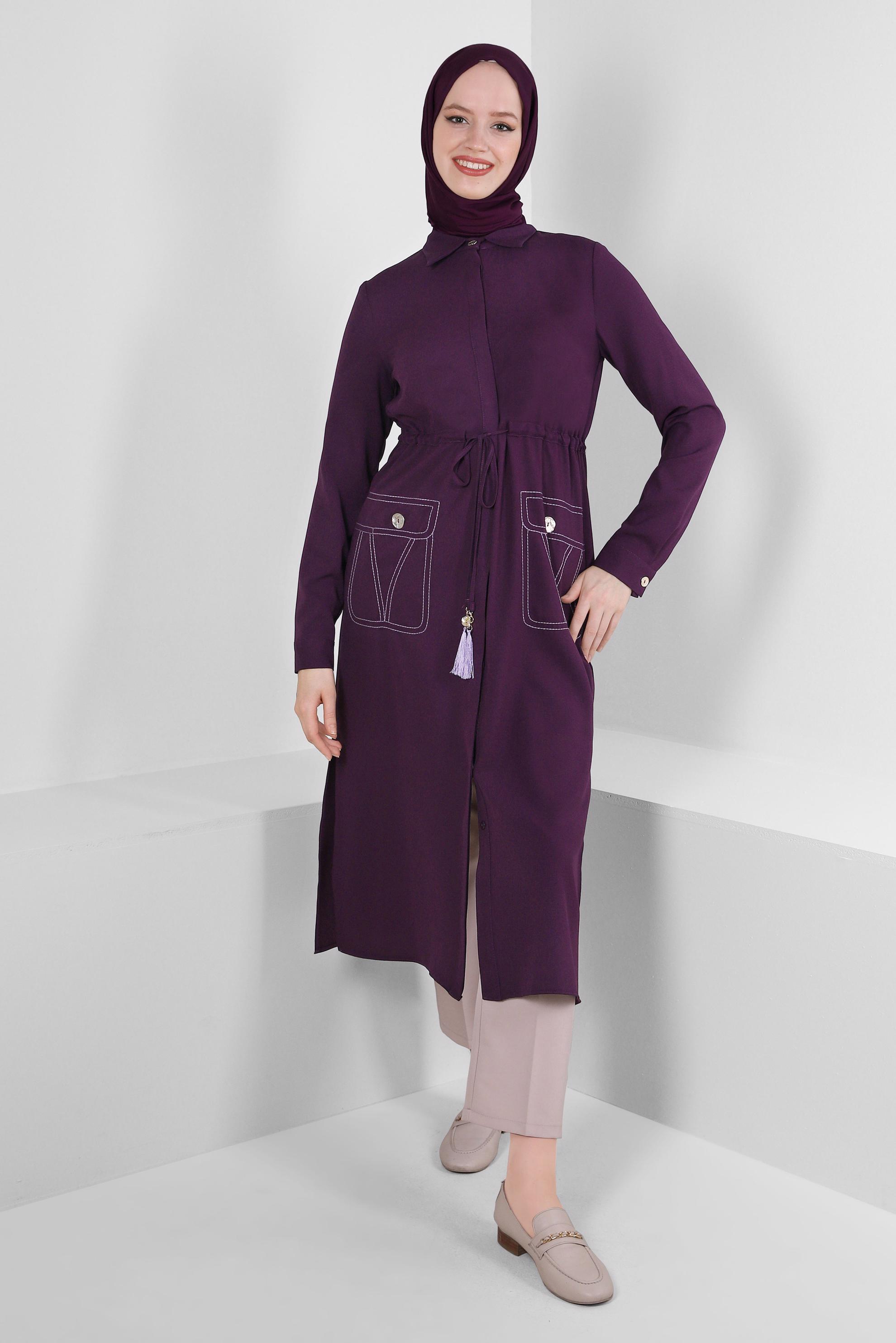 Tesettür giyim MOR YANI YIRTMAÇLI BELİ BÜZGÜLÜ TUNİK 43626