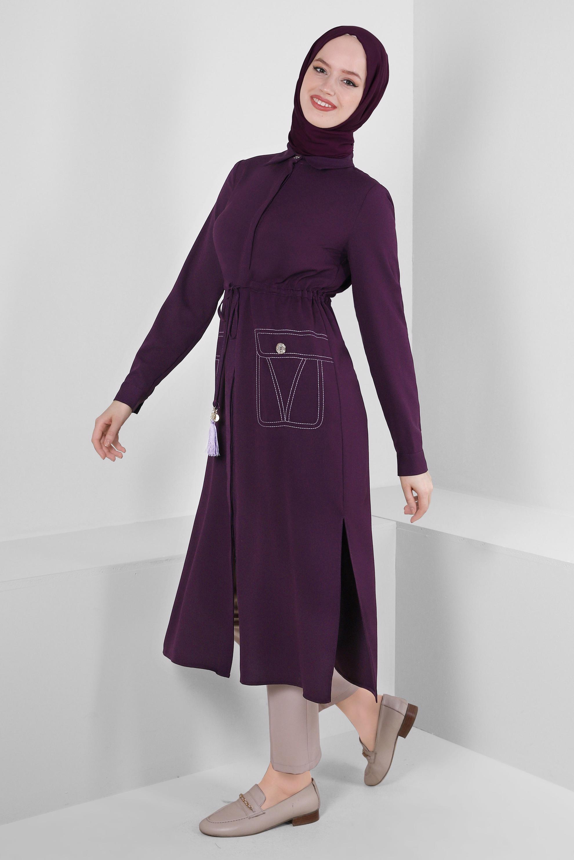 Tesettür giyim MOR YANI YIRTMAÇLI BELİ BÜZGÜLÜ TUNİK 43626