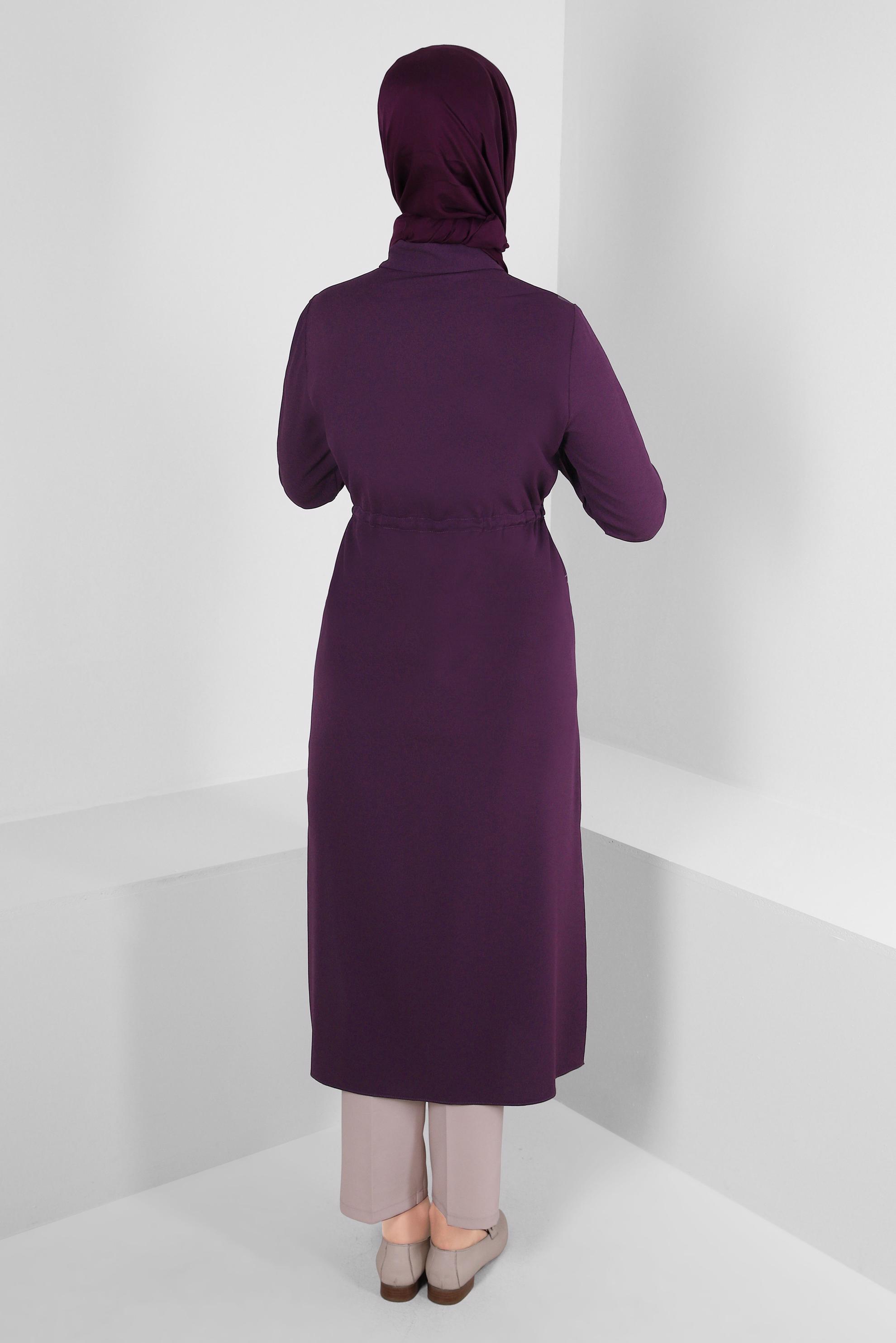 Tesettür giyim MOR YANI YIRTMAÇLI BELİ BÜZGÜLÜ TUNİK 43626