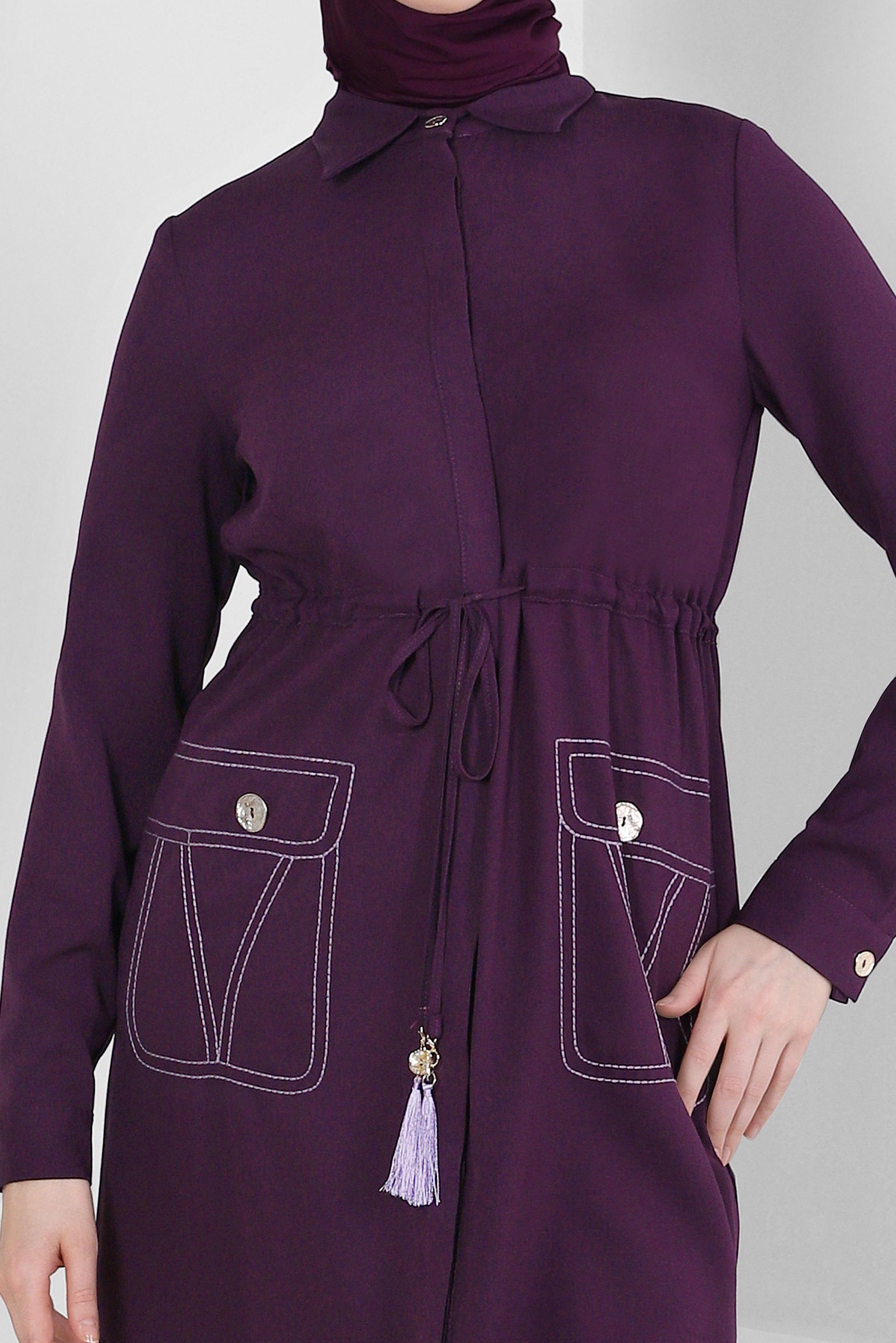 Tesettür giyim MOR YANI YIRTMAÇLI BELİ BÜZGÜLÜ TUNİK 43626