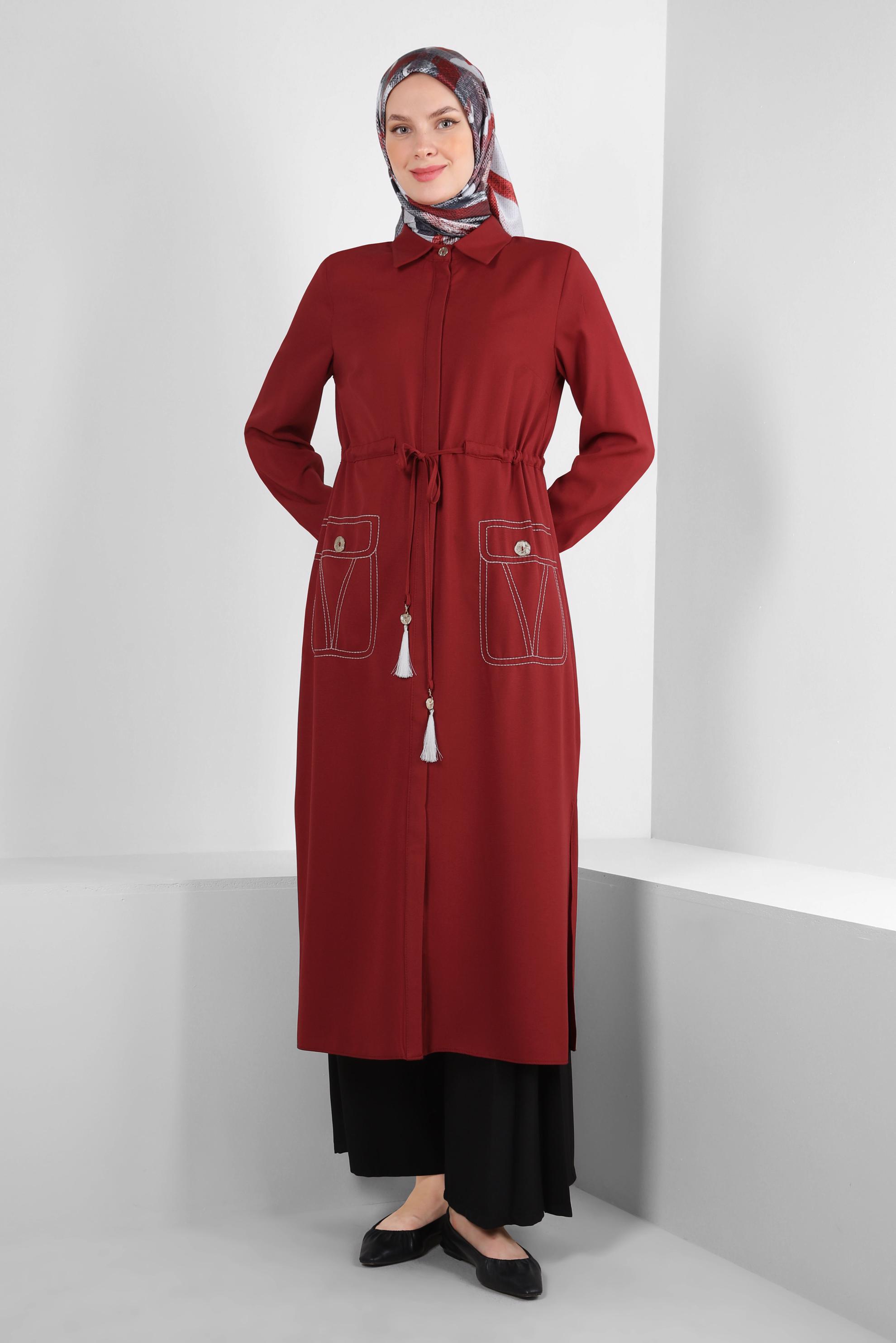 Tesettür giyim TABA YANI YIRTMAÇLI BELİ BÜZGÜLÜ TUNİK 43626