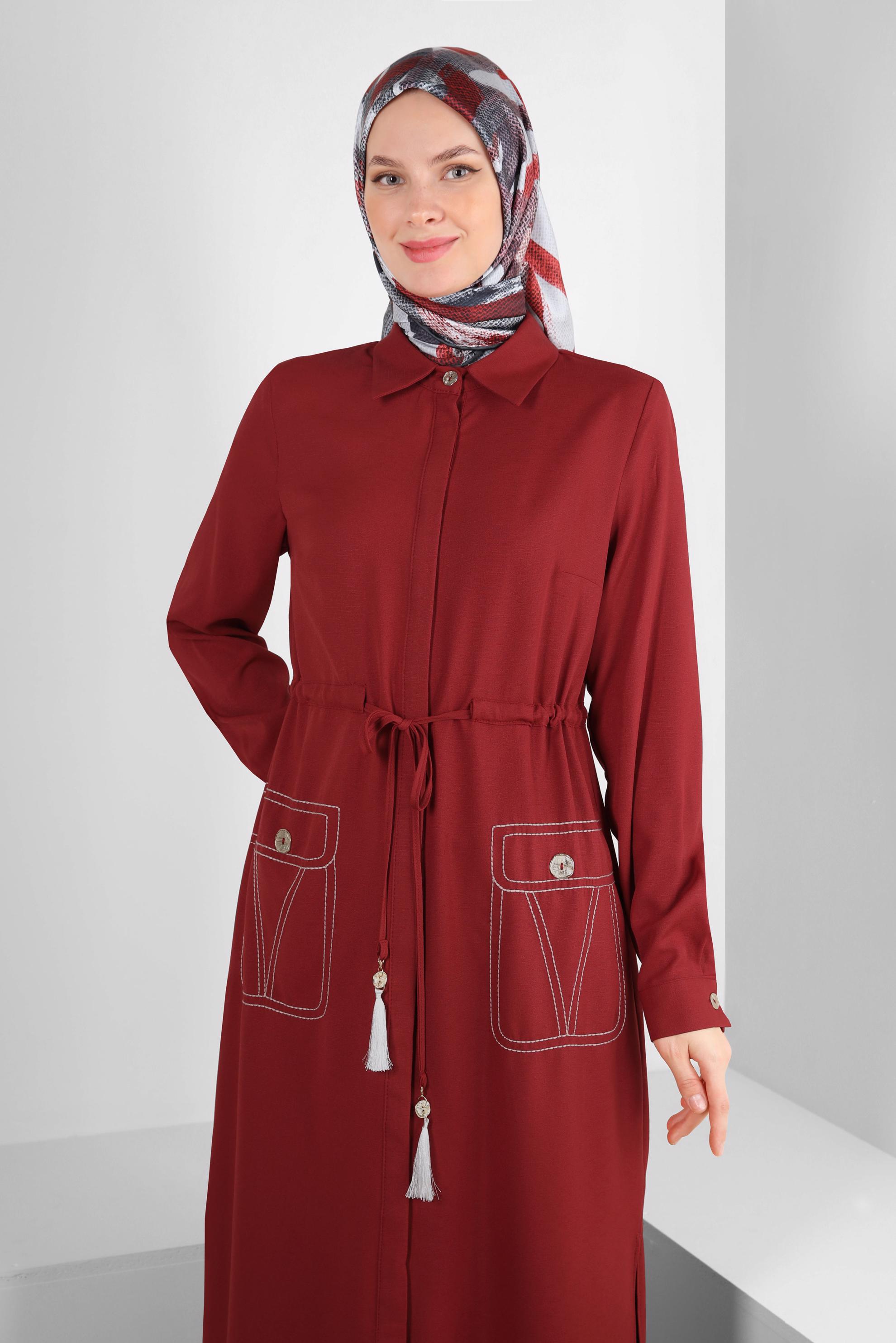 Tesettür giyim TABA YANI YIRTMAÇLI BELİ BÜZGÜLÜ TUNİK 43626