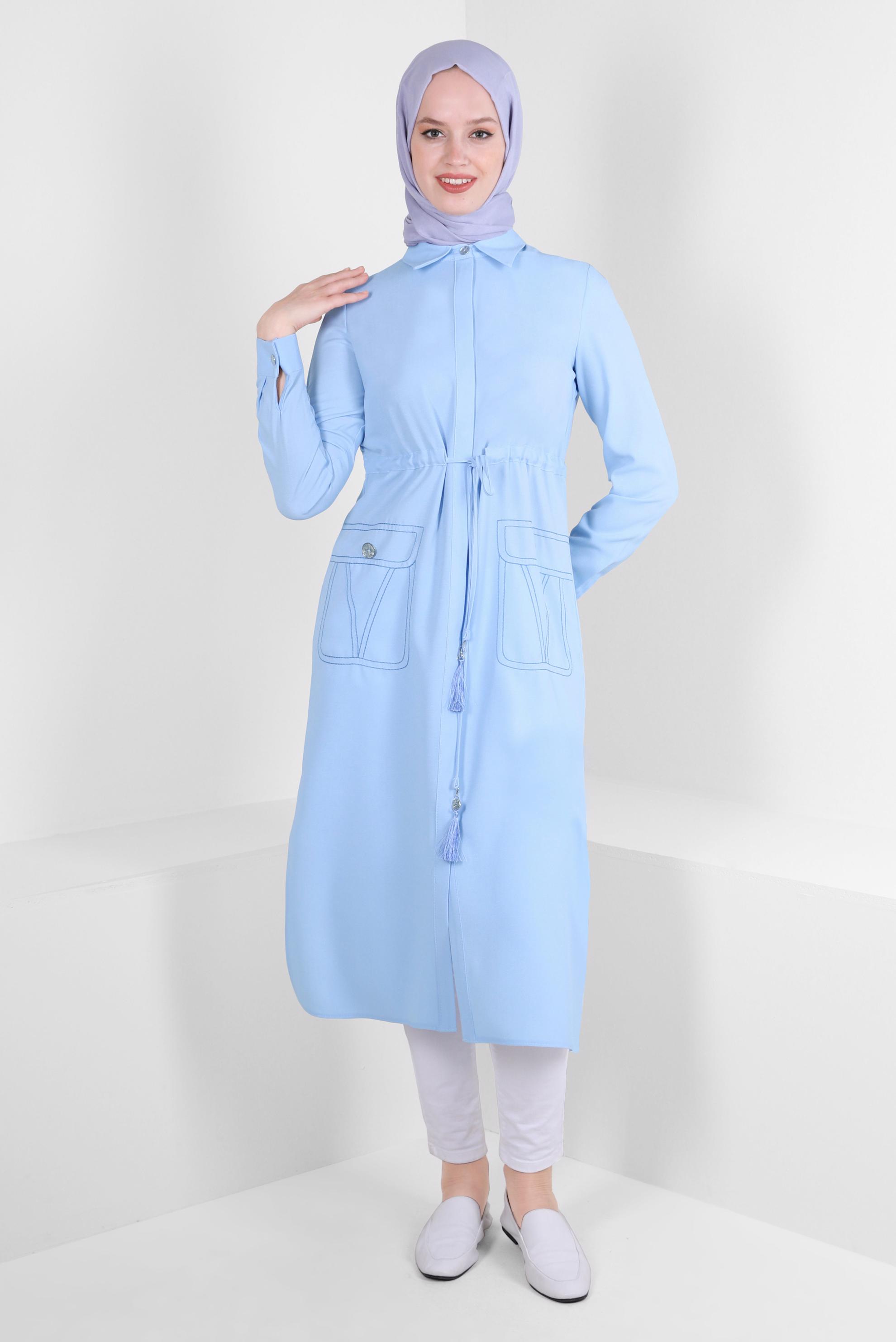 Tesettür giyim MAVİ YANI YIRTMAÇLI BELİ BÜZGÜLÜ TUNİK 43626