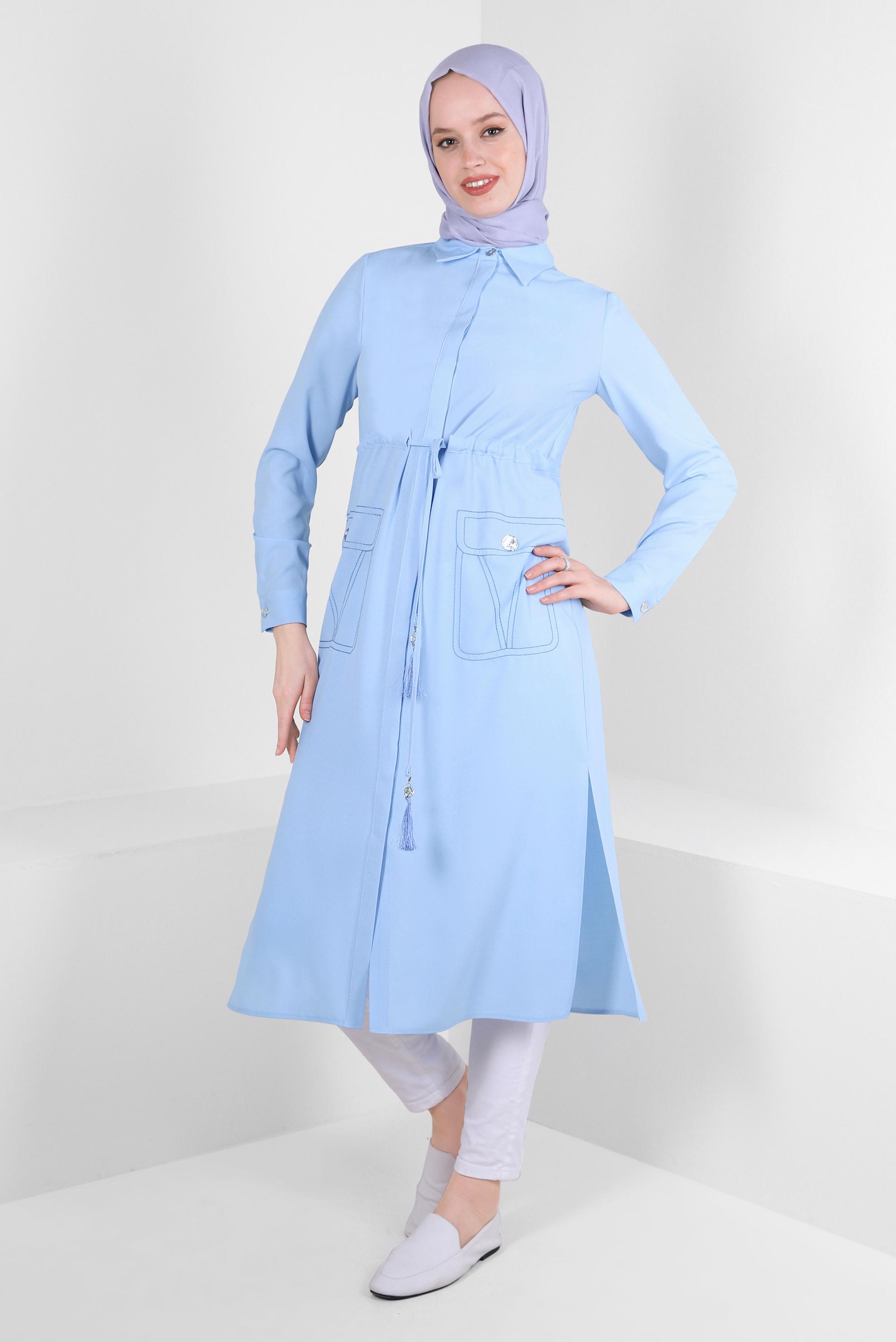 Tesettür giyim MAVİ YANI YIRTMAÇLI BELİ BÜZGÜLÜ TUNİK 43626
