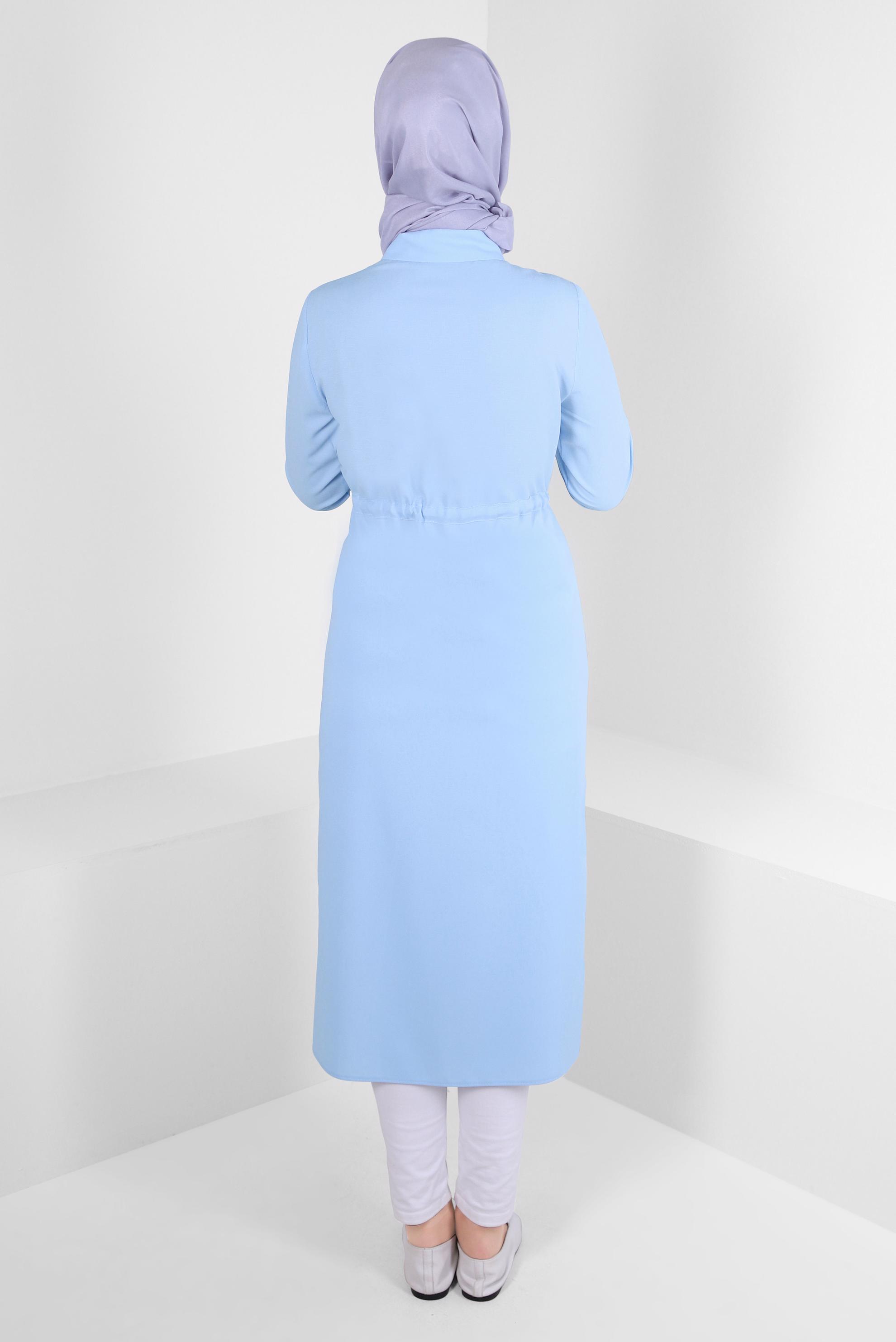 Tesettür giyim MAVİ YANI YIRTMAÇLI BELİ BÜZGÜLÜ TUNİK 43626