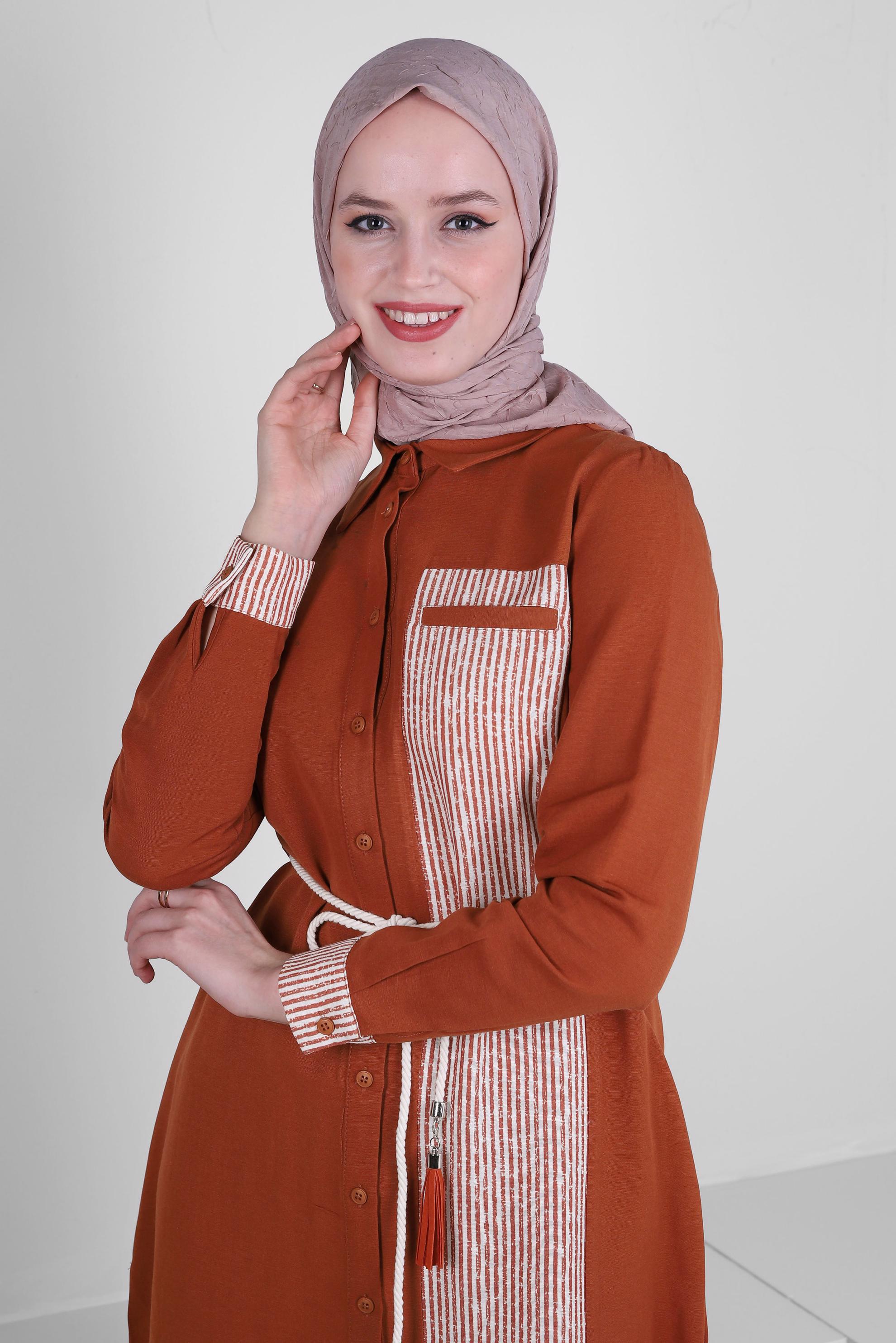 Tesettür giyim TURUNCU ÇİZGİLİ BELİ KUŞAKLI DÜZ TUNİK 43632