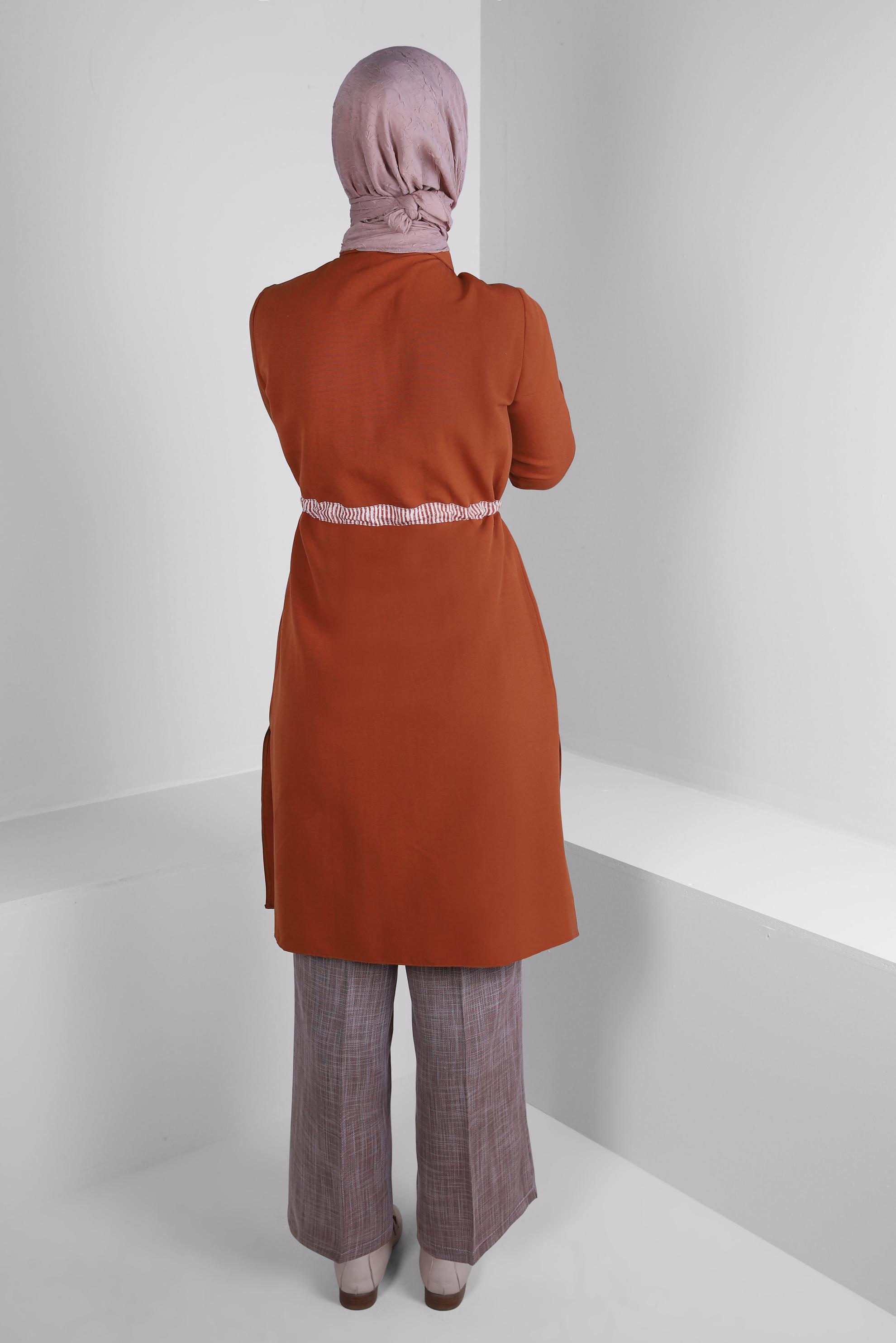 Tesettür giyim TURUNCU ÇİZGİLİ BELİ KUŞAKLI DÜZ TUNİK 43632