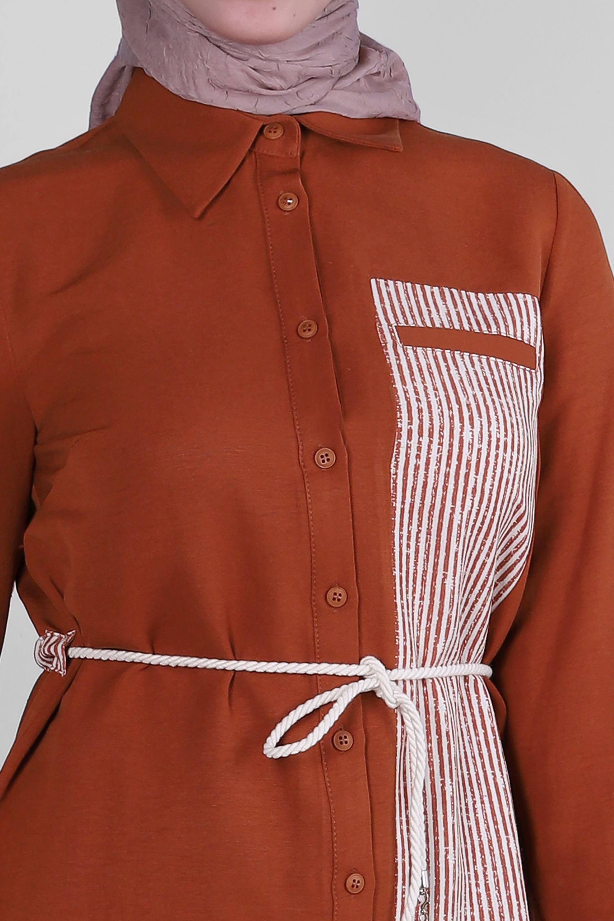 Tesettür giyim TURUNCU ÇİZGİLİ BELİ KUŞAKLI DÜZ TUNİK 43632