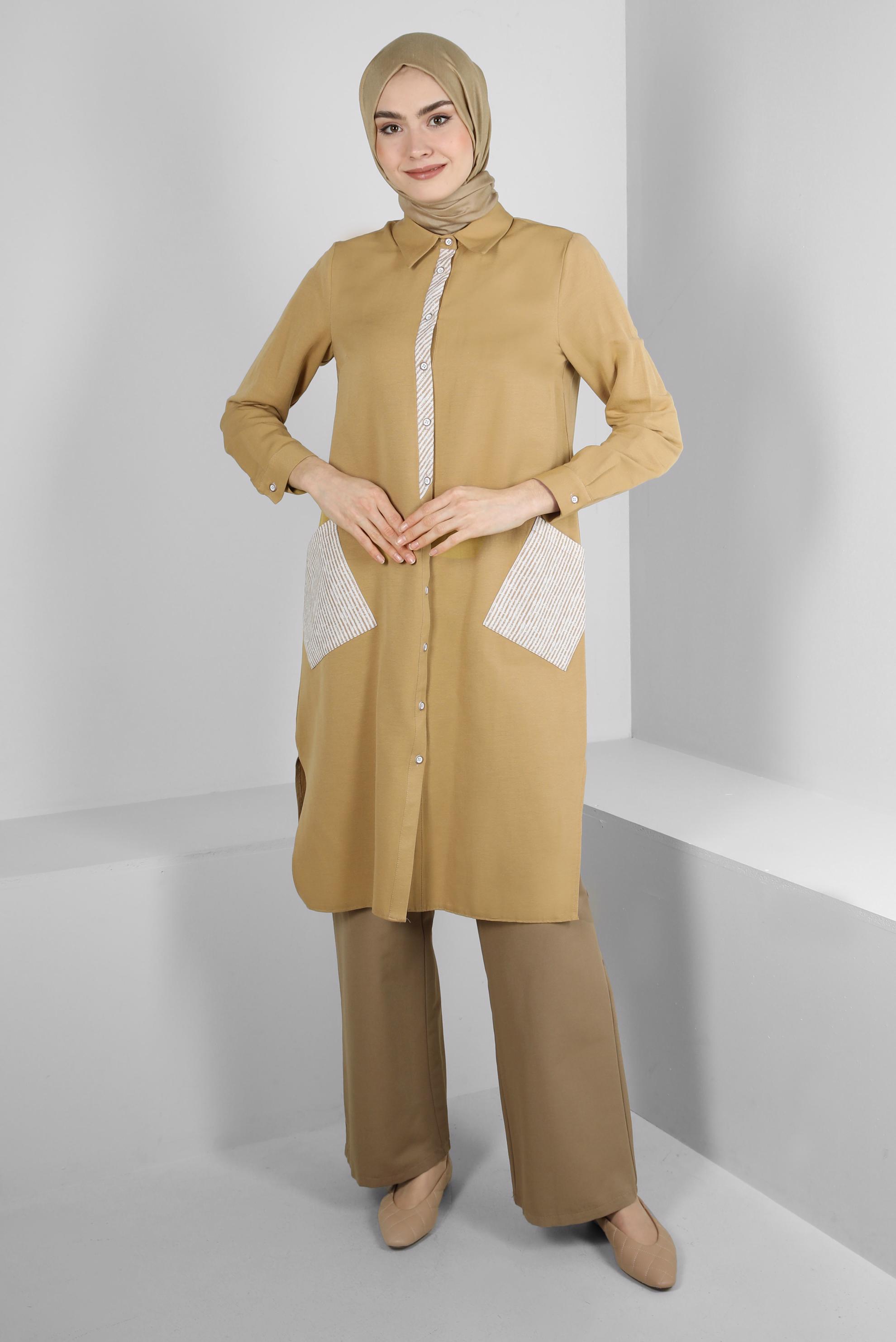 Tesettür giyim KAHVE ÇİZGİ DETAYLI DÜĞMELİ UZUN TUNİK 43636