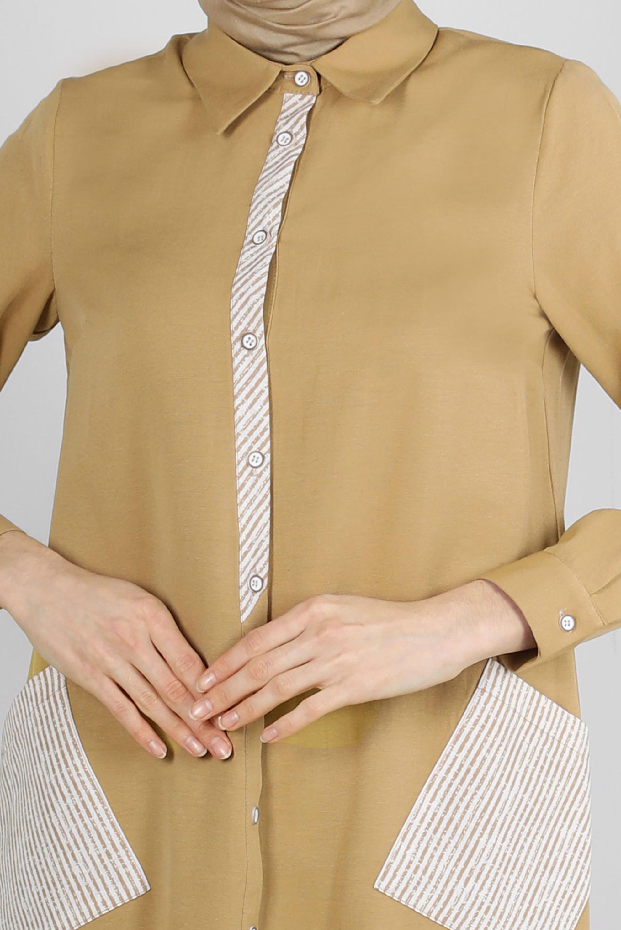 Tesettür giyim KAHVE ÇİZGİ DETAYLI DÜĞMELİ UZUN TUNİK 43636