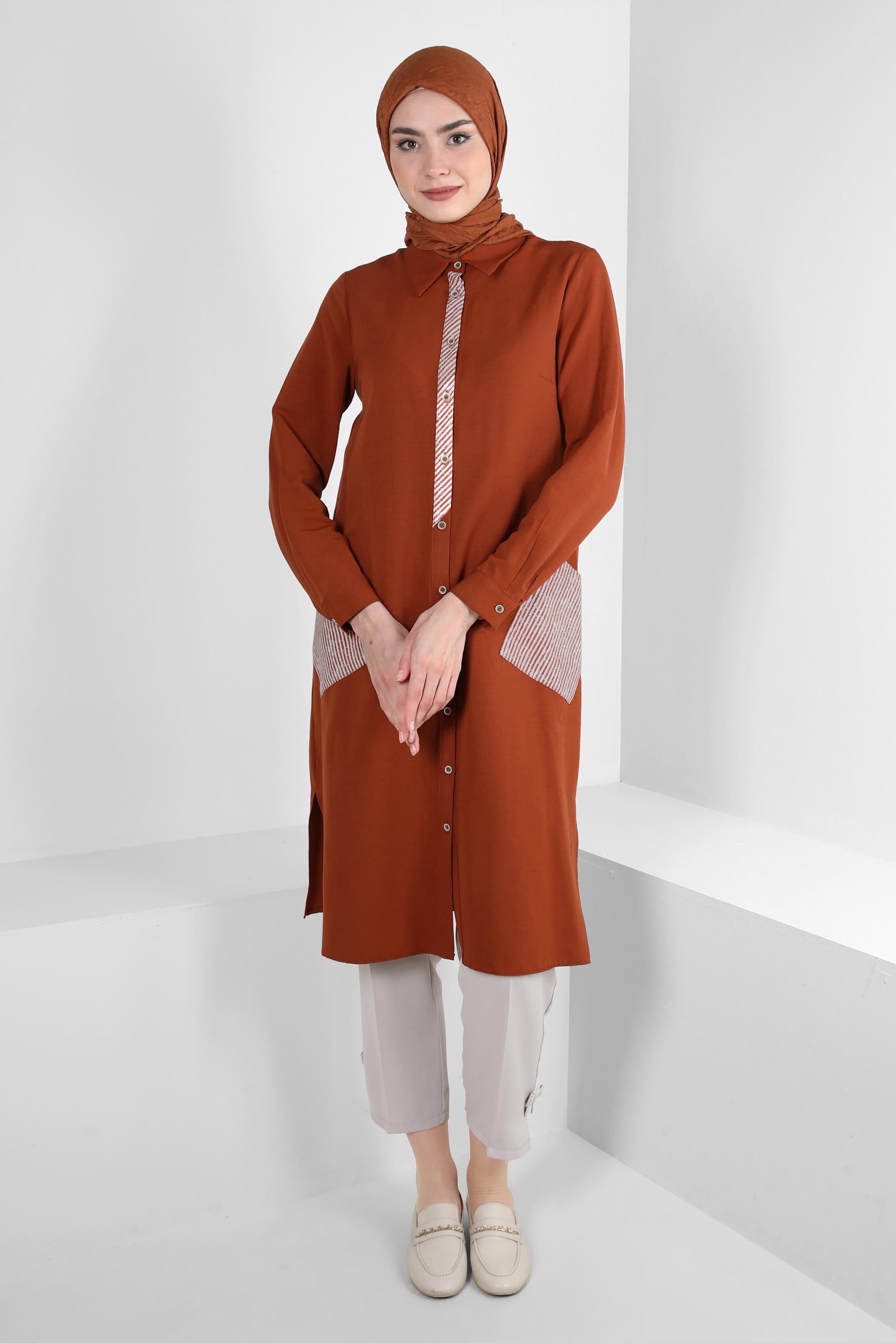 Tesettür giyim TURUNCU ÇİZGİ DETAYLI DÜĞMELİ UZUN TUNİK 43636