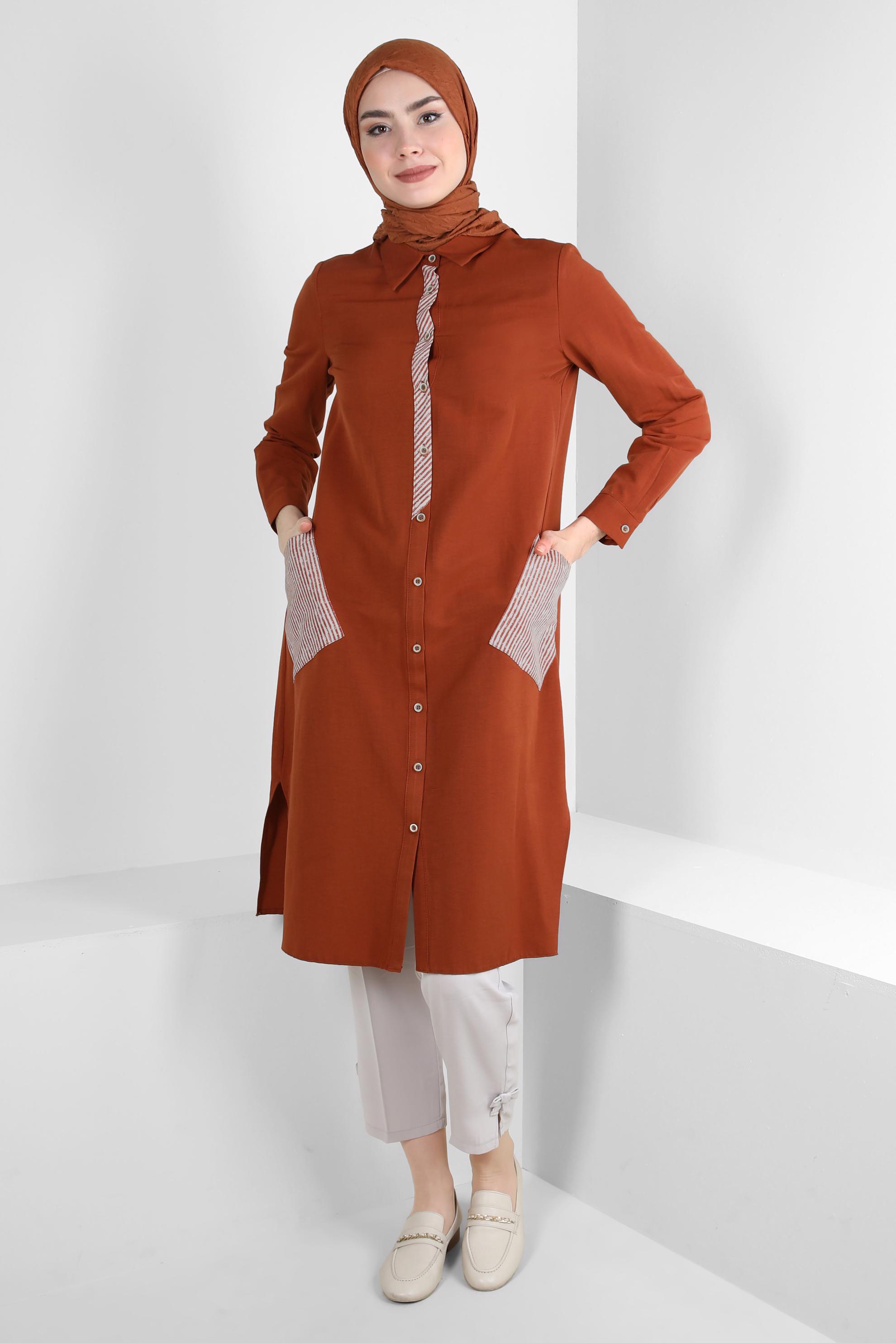 Tesettür giyim TURUNCU ÇİZGİ DETAYLI DÜĞMELİ UZUN TUNİK 43636