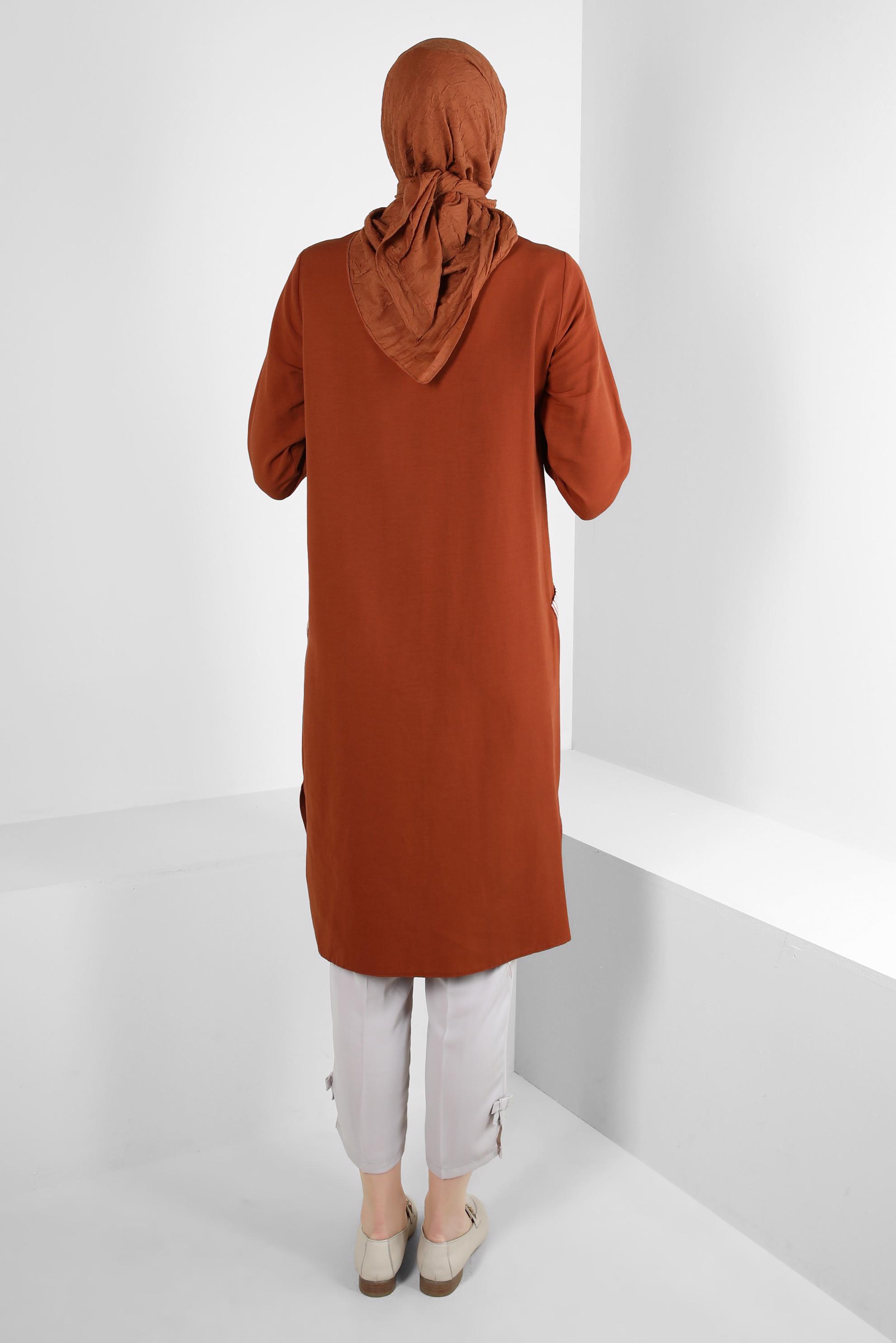 Tesettür giyim TURUNCU ÇİZGİ DETAYLI DÜĞMELİ UZUN TUNİK 43636