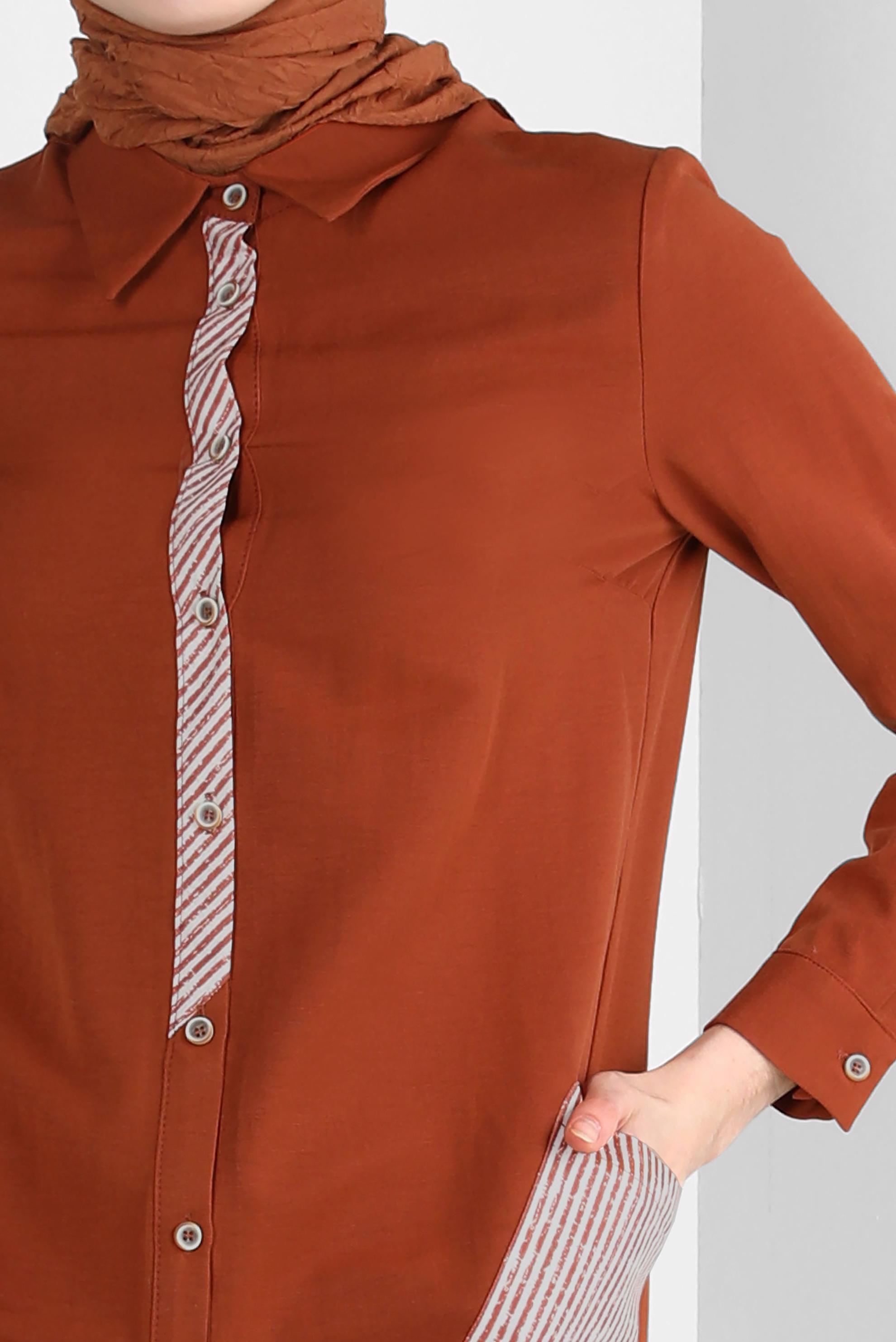 Tesettür giyim TURUNCU ÇİZGİ DETAYLI DÜĞMELİ UZUN TUNİK 43636