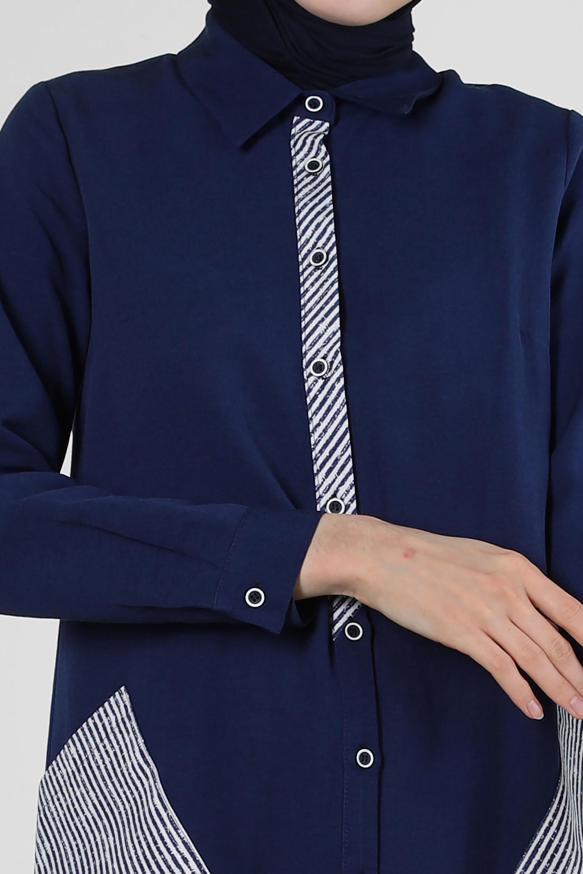 Tesettür giyim LACİVERT ÇİZGİ DETAYLI DÜĞMELİ UZUN TUNİK 43636