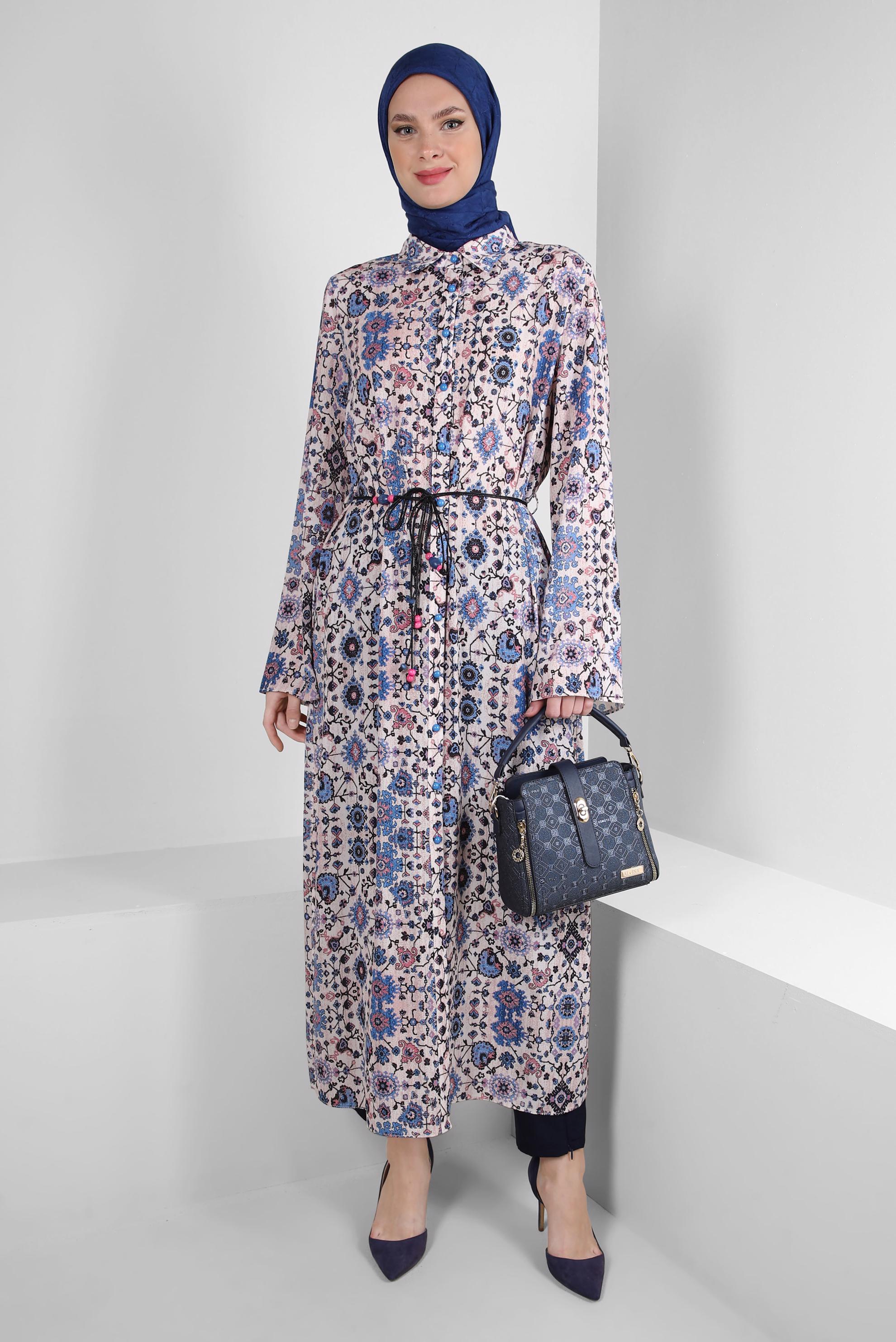 Tesettür giyim YEŞİL ETNİK DESENLİ DÜĞMELİ UZUN TUNİK 43639