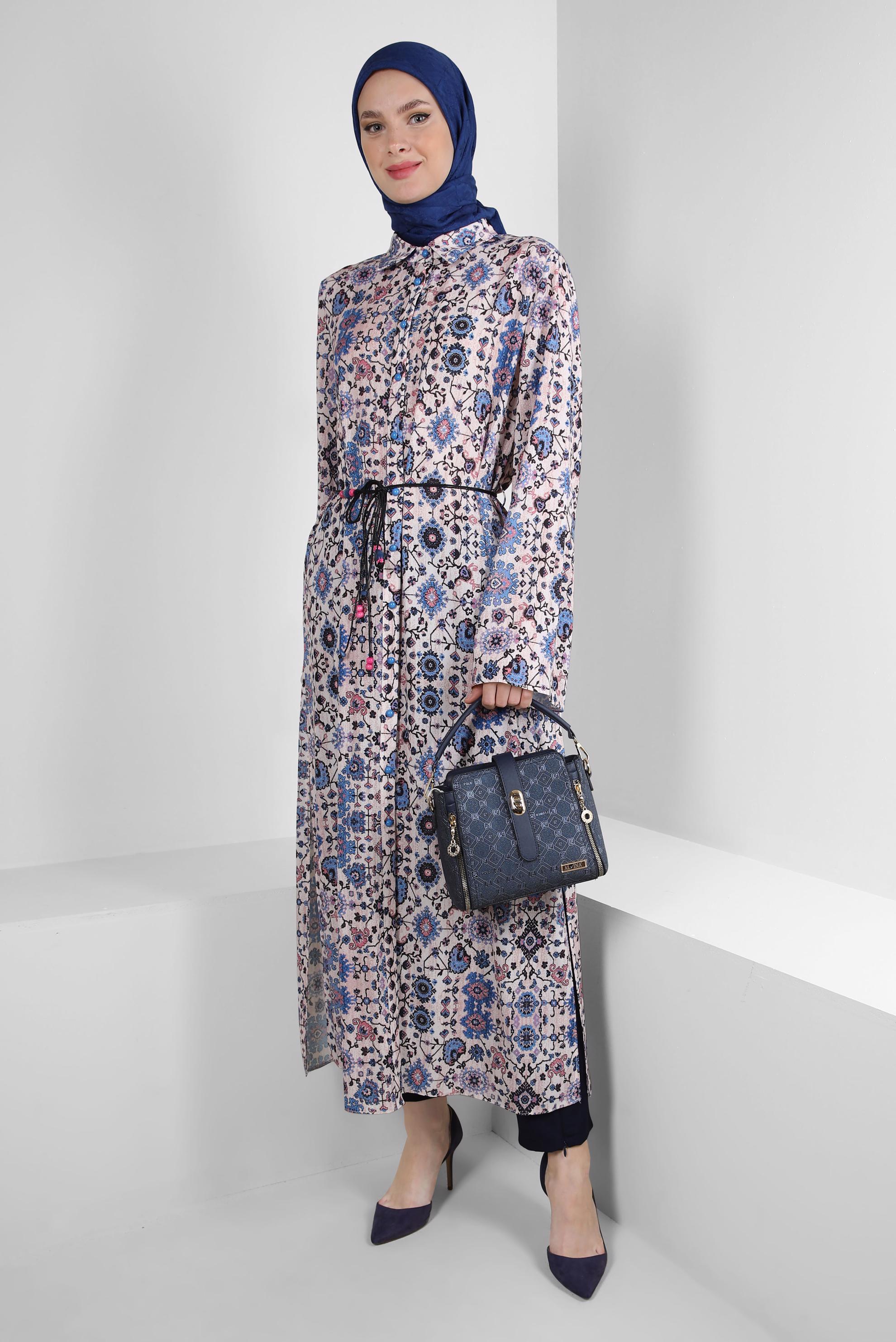 Tesettür giyim YEŞİL ETNİK DESENLİ DÜĞMELİ UZUN TUNİK 43639