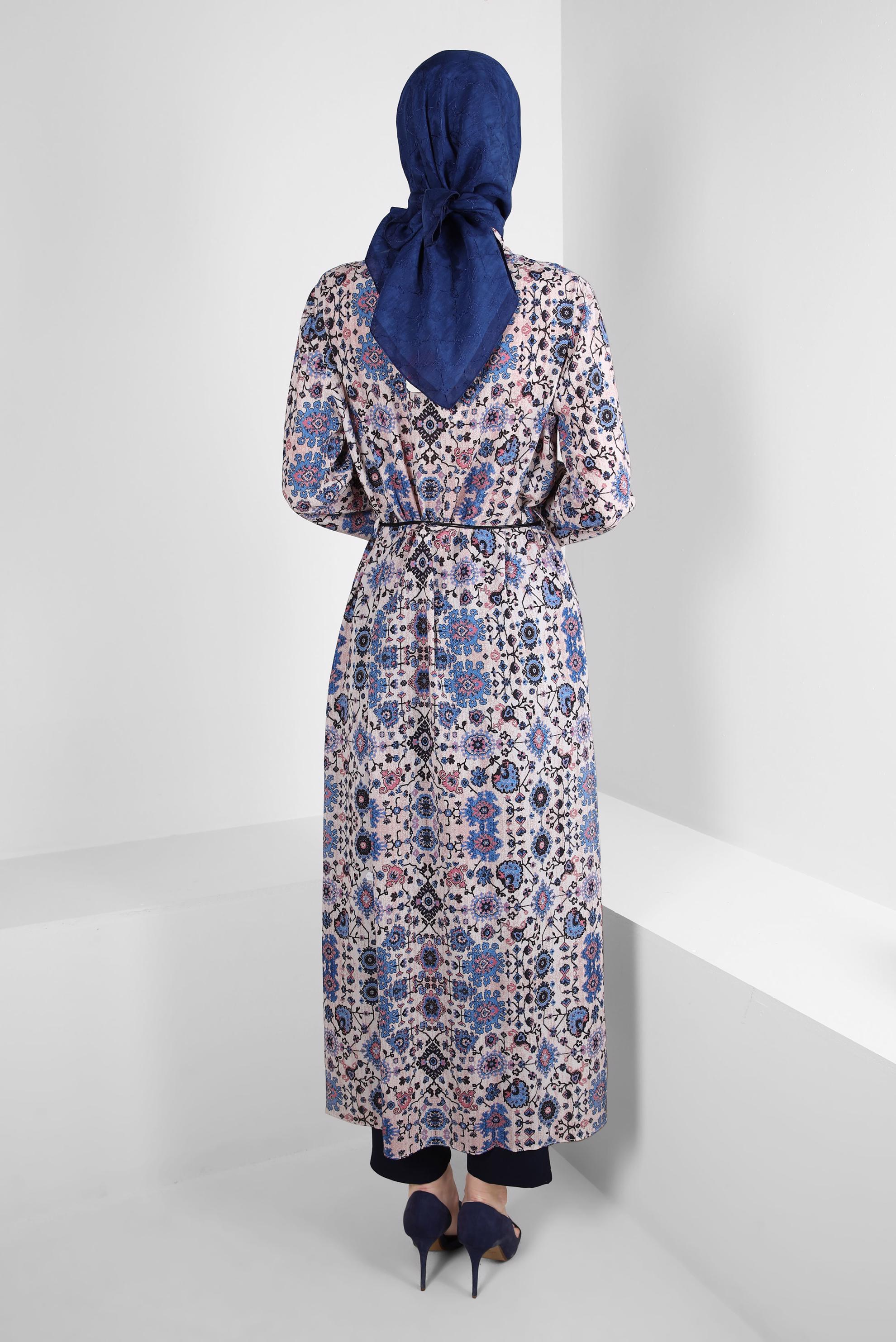 Tesettür giyim YEŞİL ETNİK DESENLİ DÜĞMELİ UZUN TUNİK 43639