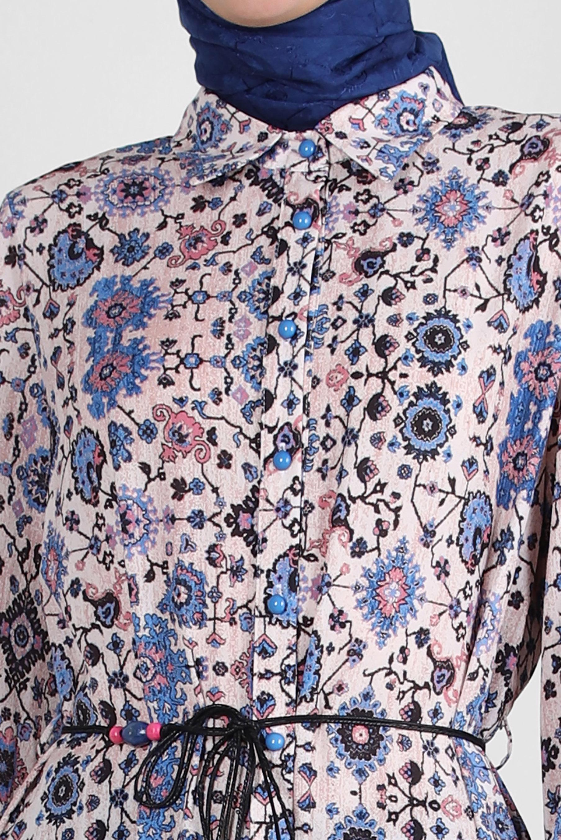 Tesettür giyim YEŞİL ETNİK DESENLİ DÜĞMELİ UZUN TUNİK 43639