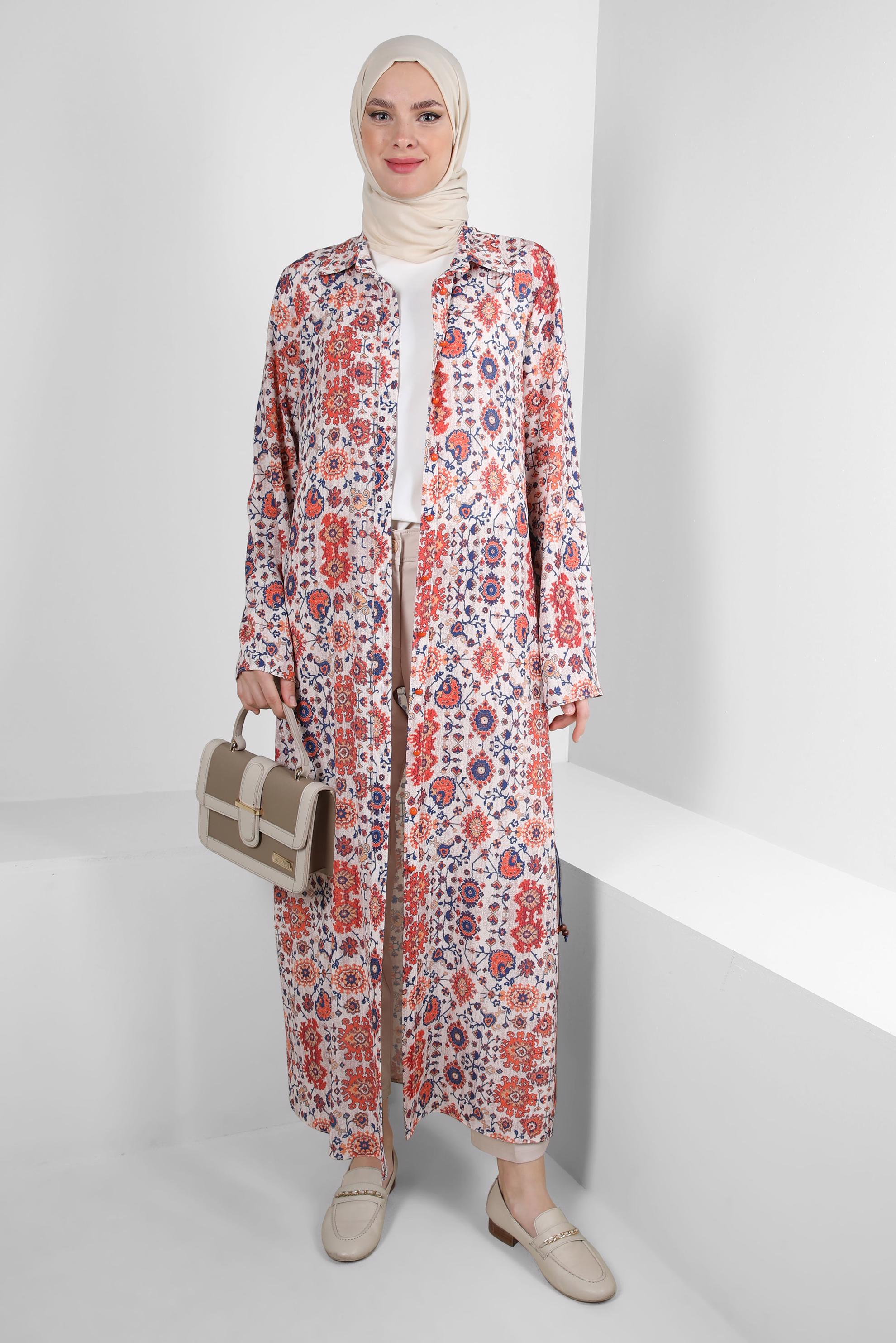 Tesettür giyim KAHVE ETNİK DESENLİ DÜĞMELİ UZUN TUNİK 43639