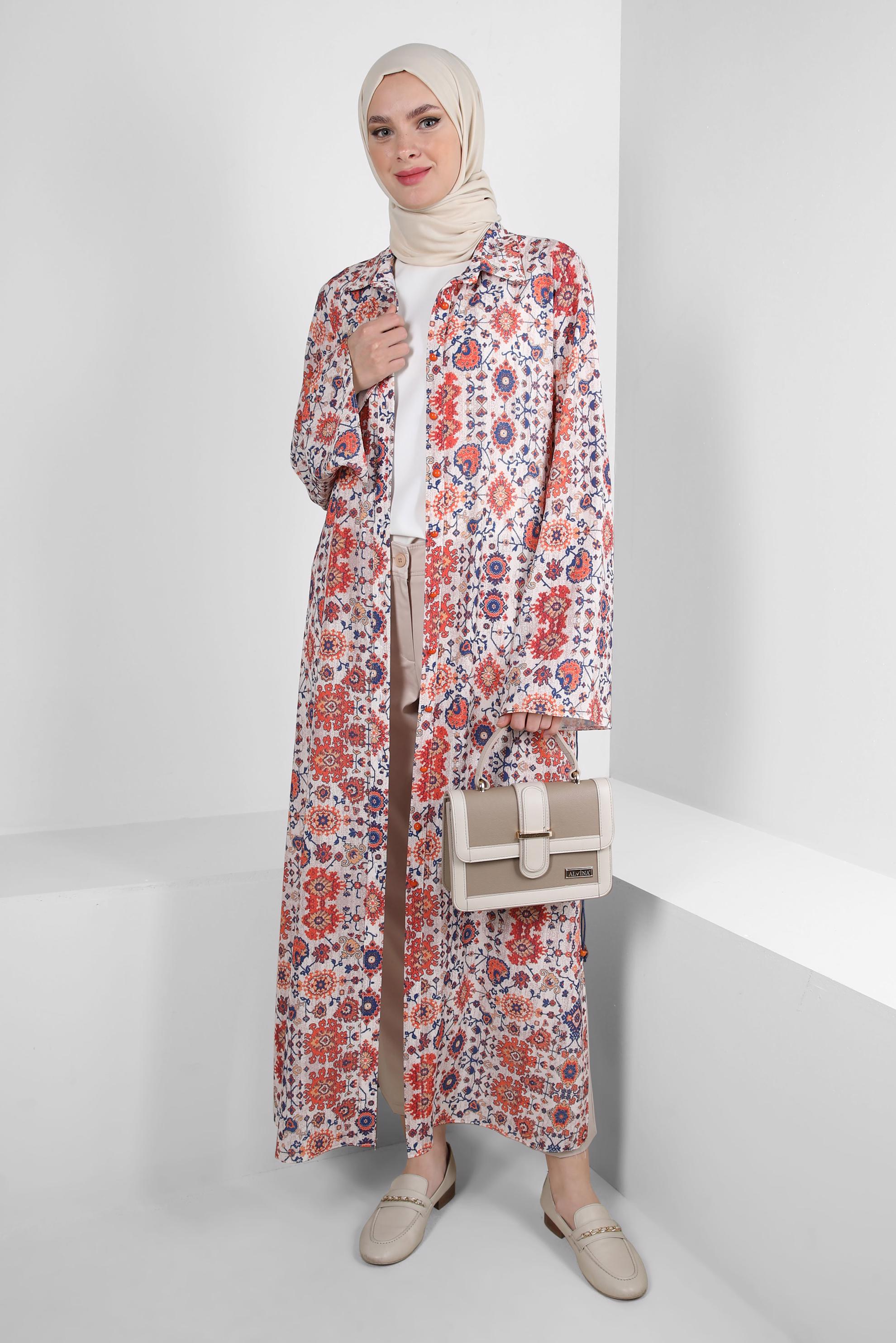 Tesettür giyim KAHVE ETNİK DESENLİ DÜĞMELİ UZUN TUNİK 43639