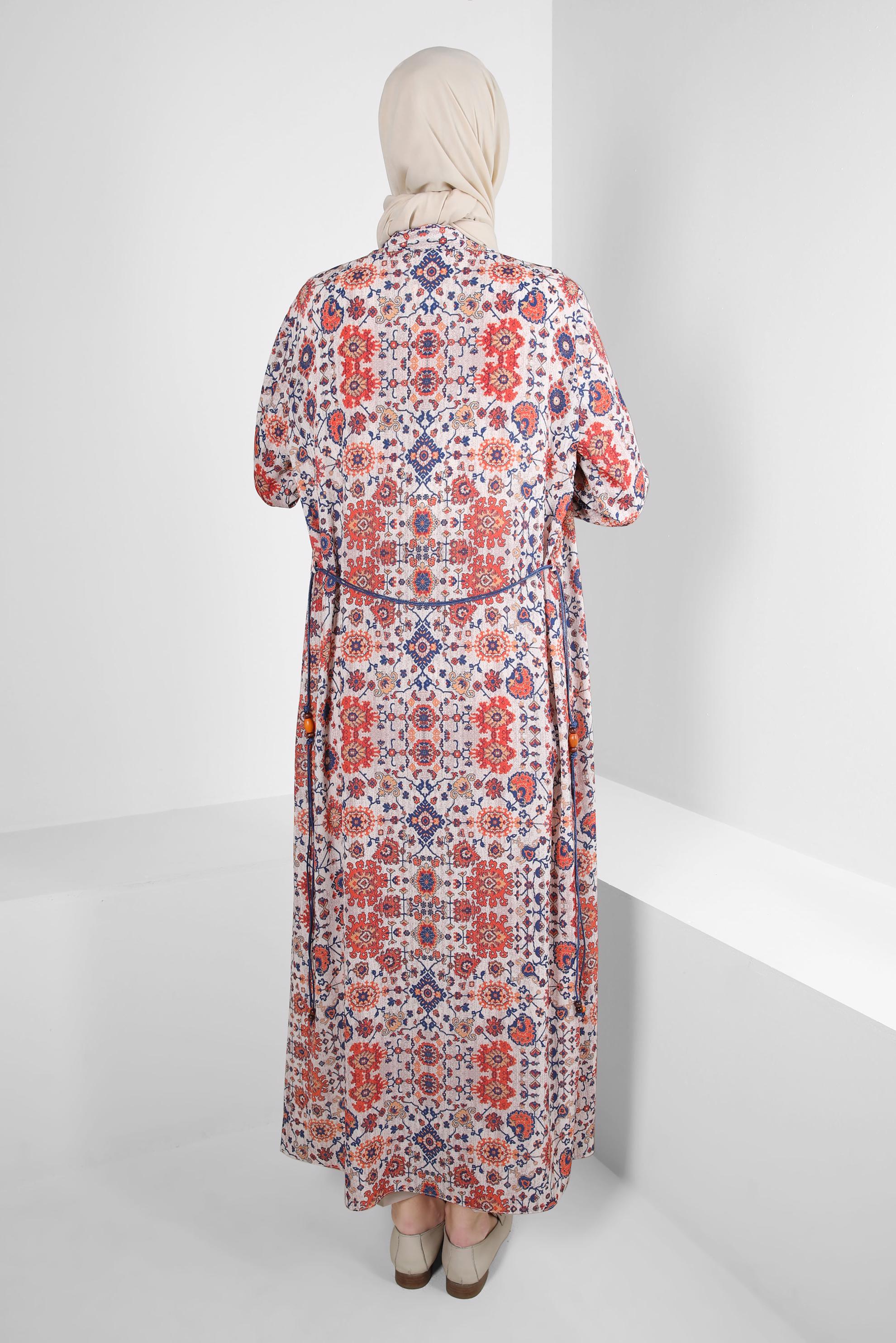 Tesettür giyim KAHVE ETNİK DESENLİ DÜĞMELİ UZUN TUNİK 43639