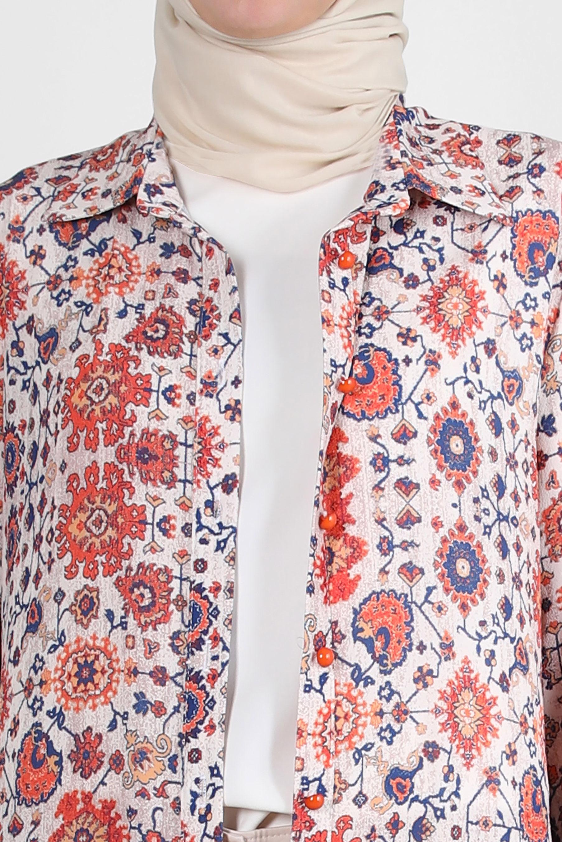 Tesettür giyim KAHVE ETNİK DESENLİ DÜĞMELİ UZUN TUNİK 43639