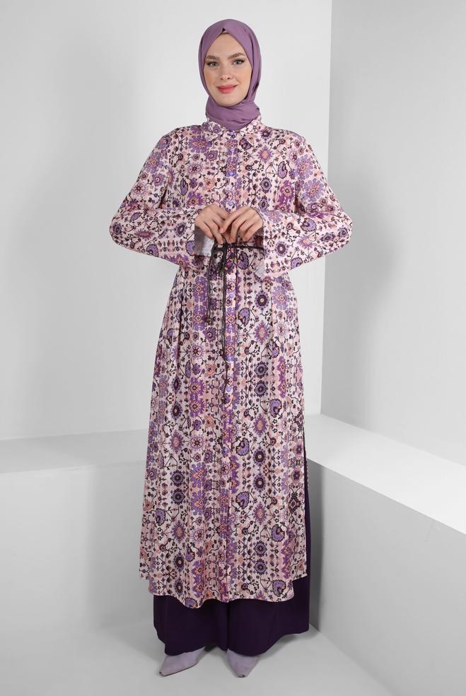 Tesettür giyim  ETNİK DESENLİ DÜĞMELİ UZUN TUNİK 43639 - ALVİNA