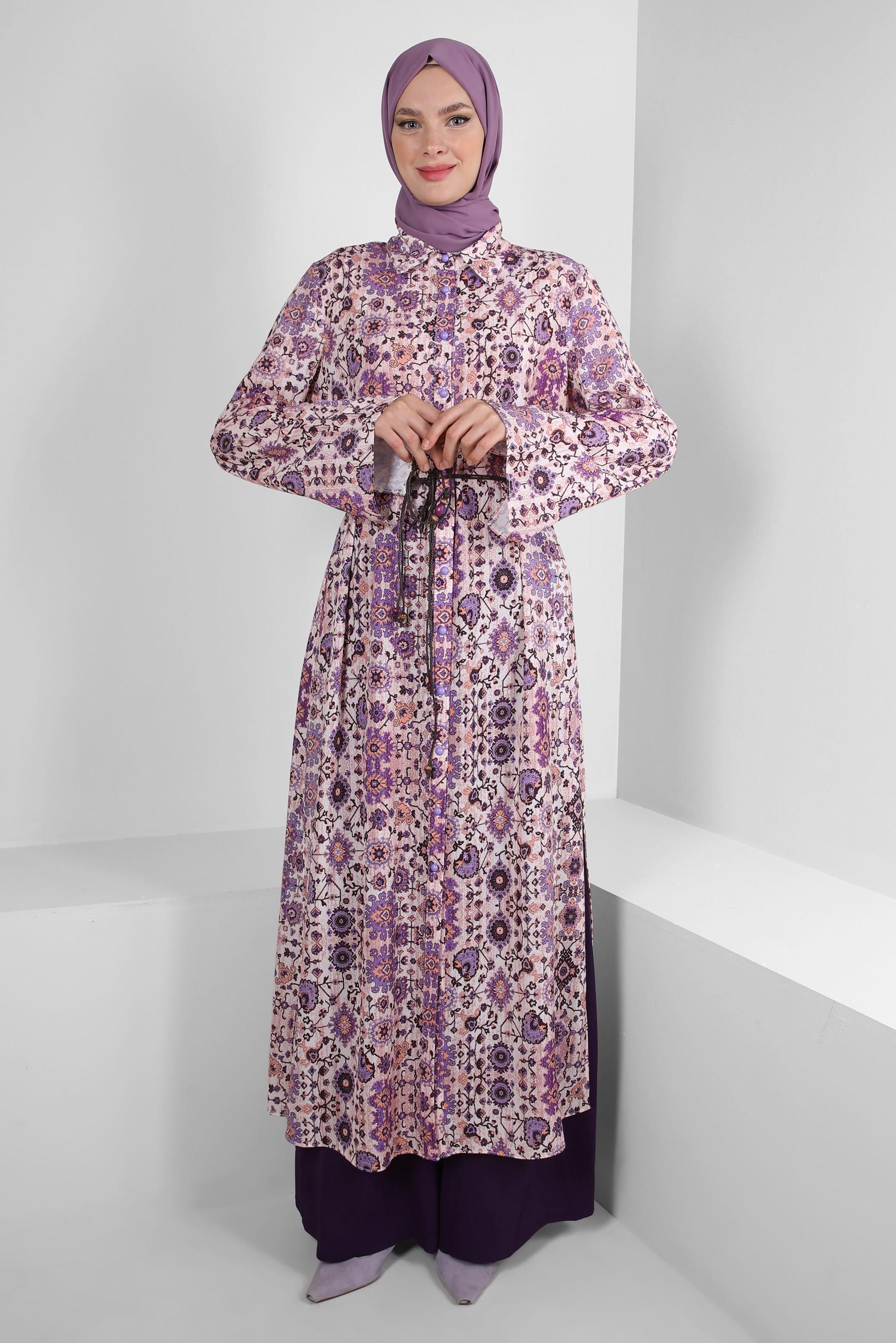 Tesettür giyim LACİVERT ETNİK DESENLİ DÜĞMELİ UZUN TUNİK 43639