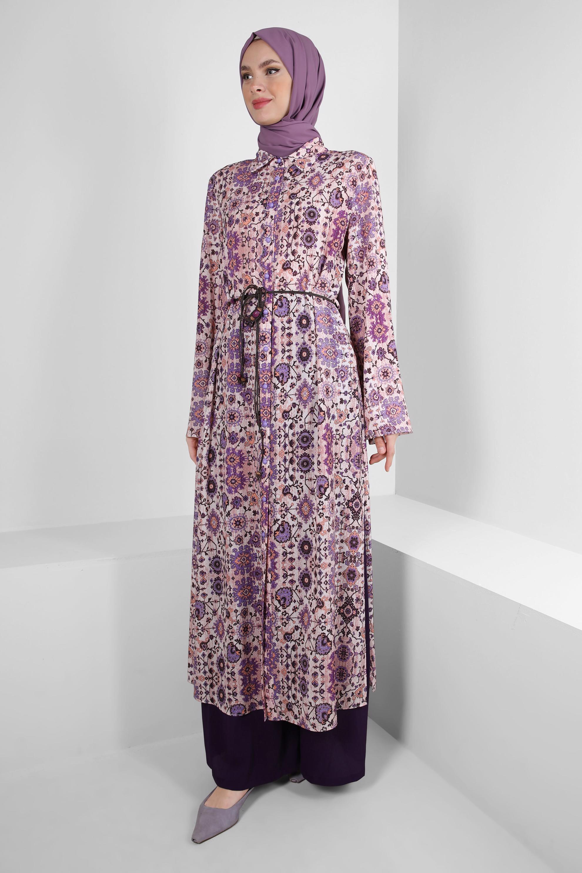 Tesettür giyim LACİVERT ETNİK DESENLİ DÜĞMELİ UZUN TUNİK 43639