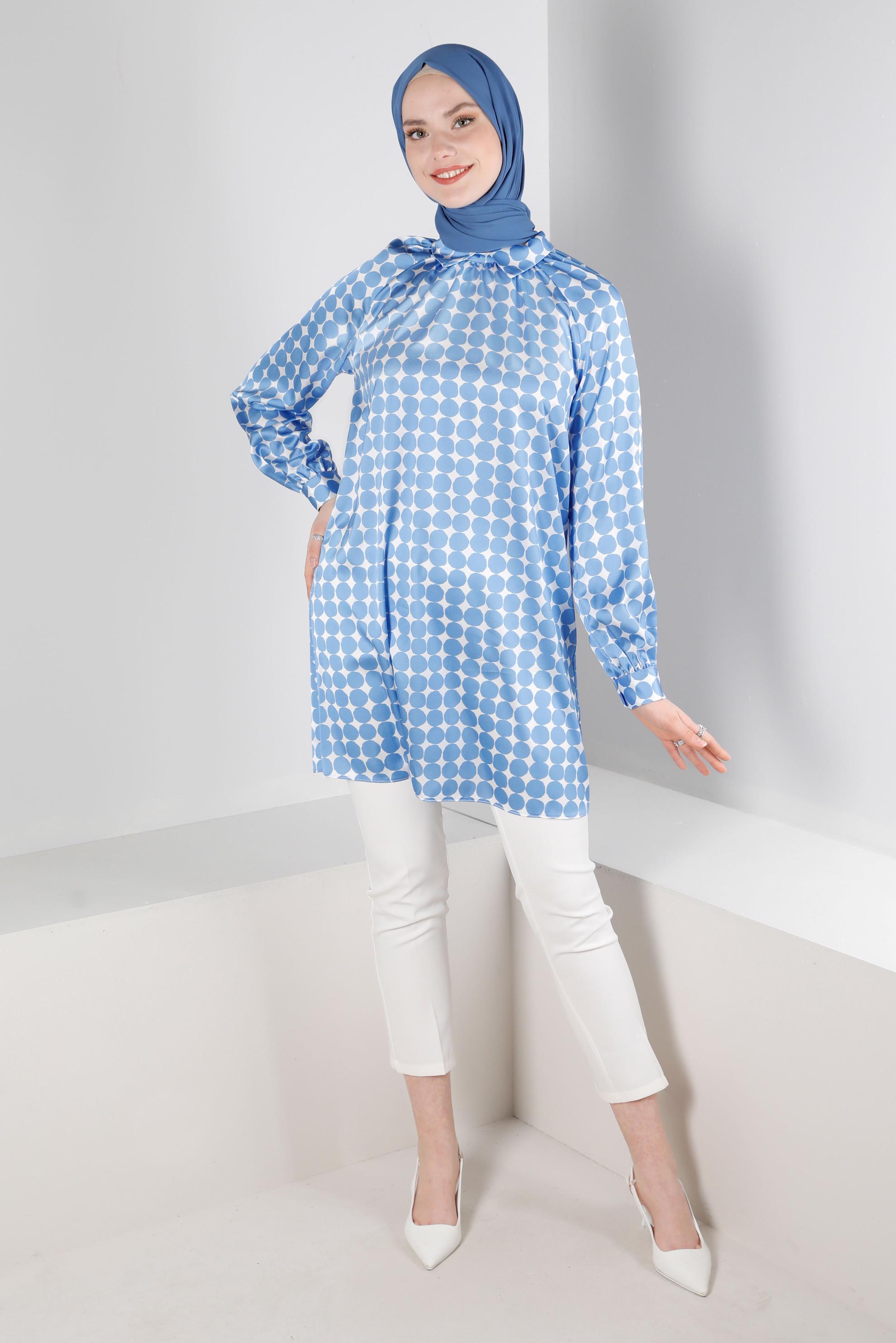 Tesettür giyim MAVİ GEOMETRİK DESENLİ ERKEK YAKA SATEN TUNİK 43641