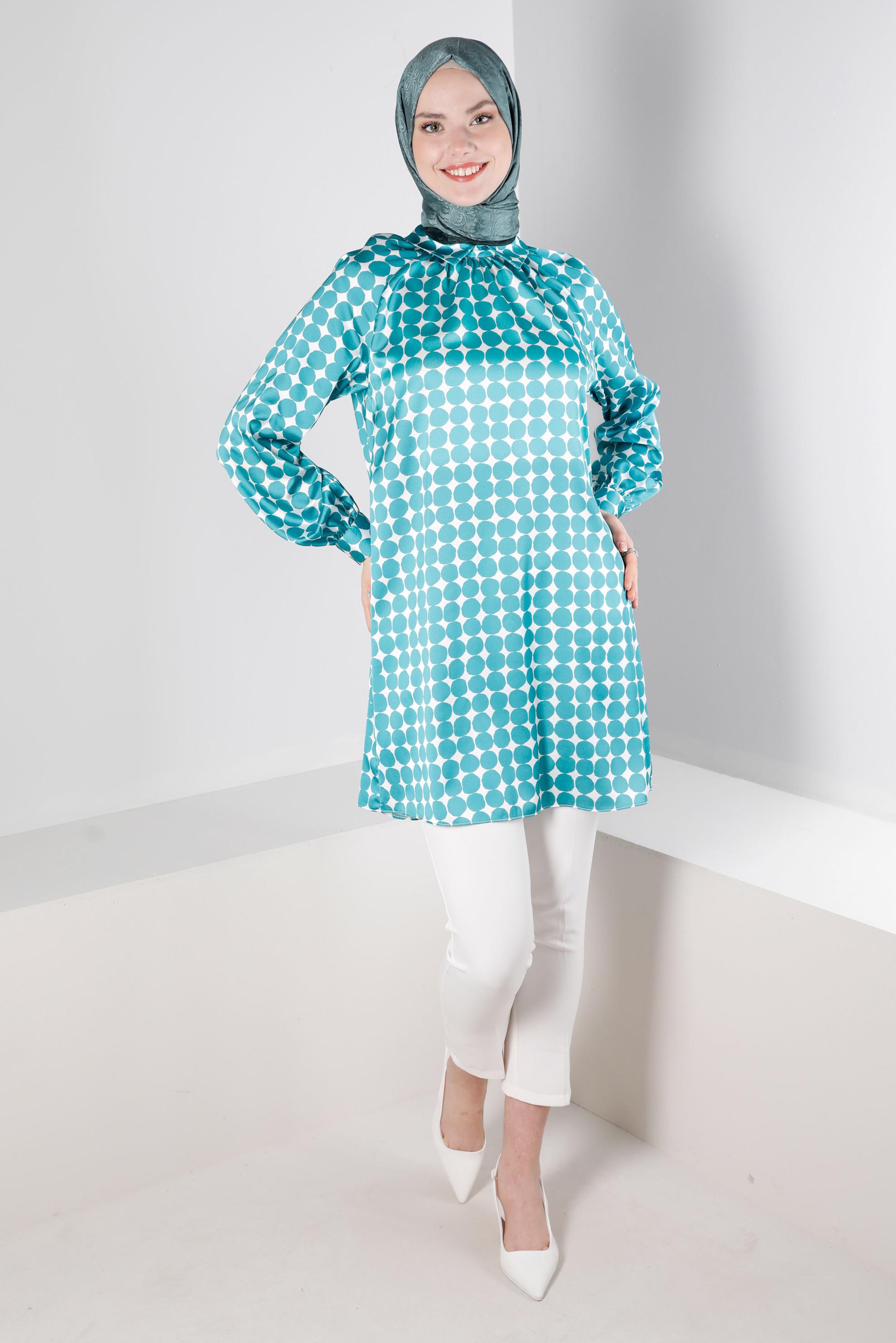Tesettür giyim YEŞİL GEOMETRİK DESENLİ ERKEK YAKA SATEN TUNİK 43641