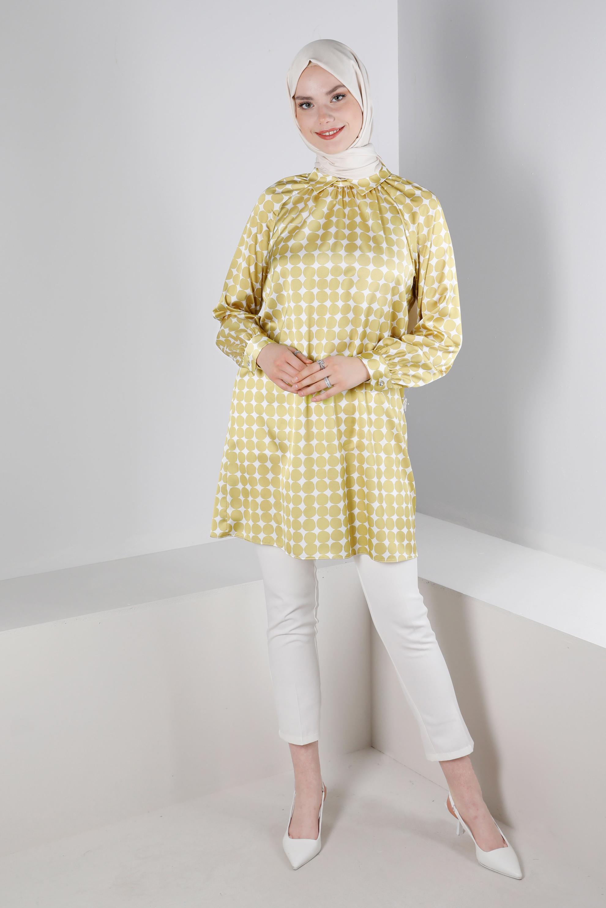 Tesettür giyim YEŞİL GEOMETRİK DESENLİ ERKEK YAKA SATEN TUNİK 43641