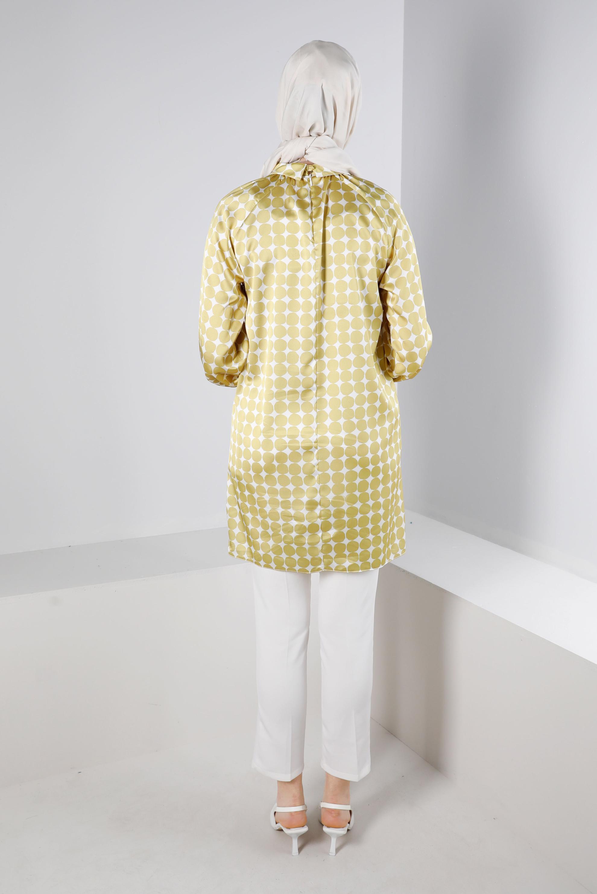 Tesettür giyim YEŞİL GEOMETRİK DESENLİ ERKEK YAKA SATEN TUNİK 43641