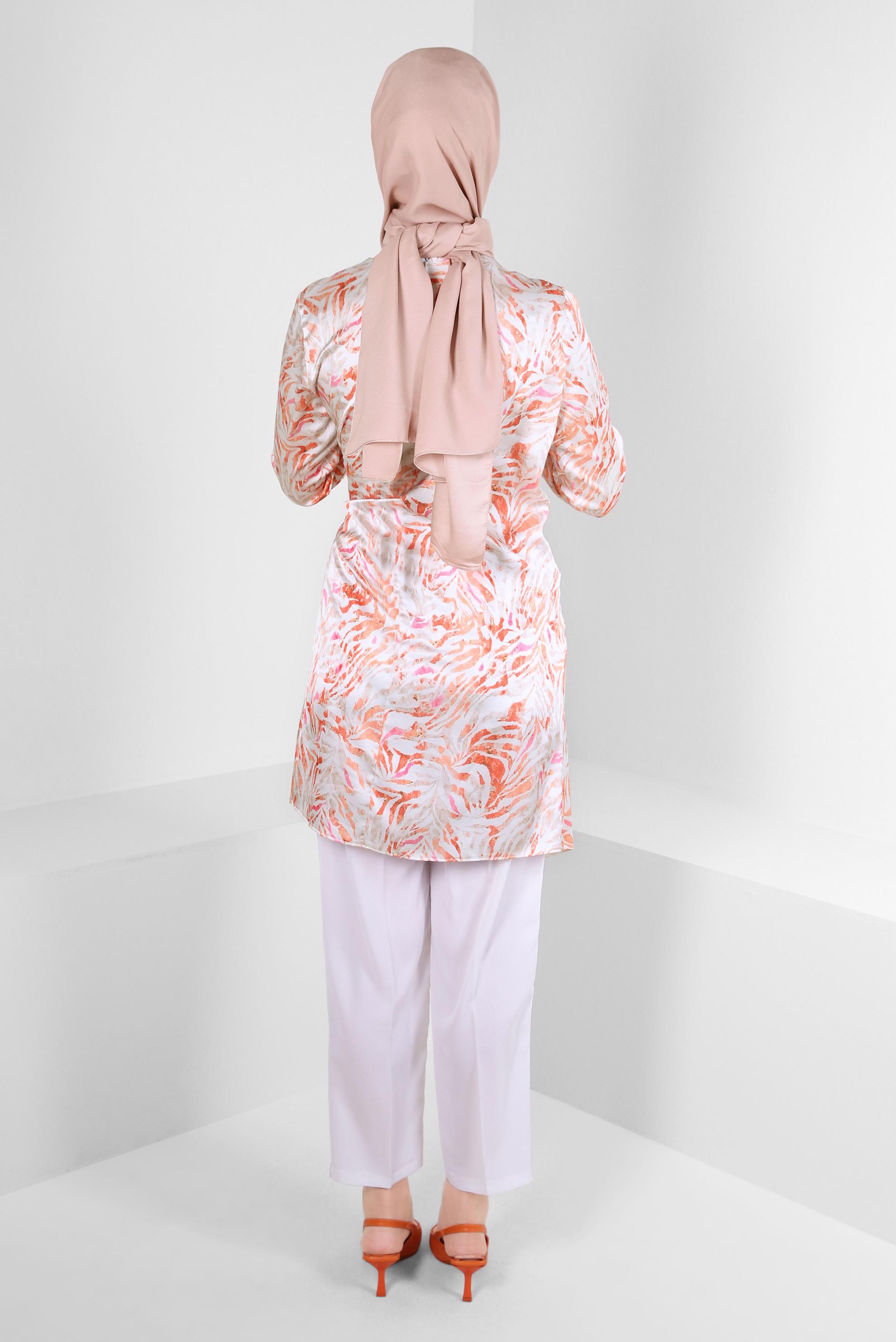 Tesettür giyim TURUNCU DESENLİ BAĞLAMA DETAYLI SATEN TUNİK 43642