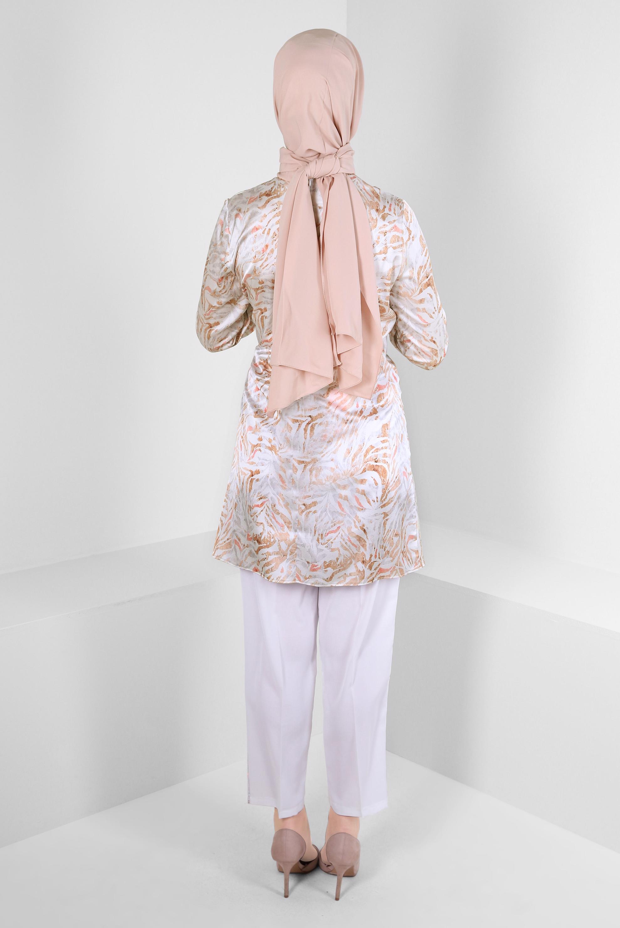 Tesettür giyim TABA DESENLİ BAĞLAMA DETAYLI SATEN TUNİK 43642