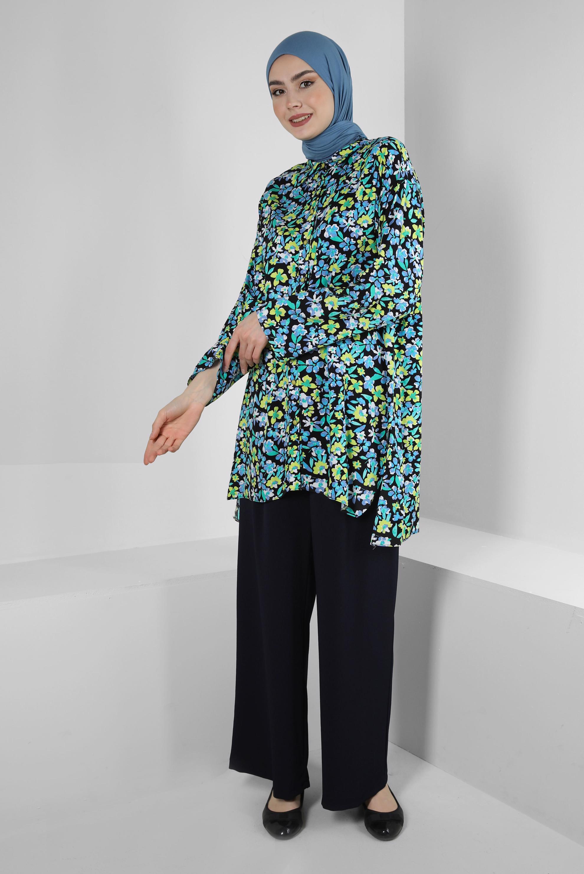 Tesettür giyim MAVİ ÇİÇEK DESENLİ GÖMLEK TUNİK 43643 