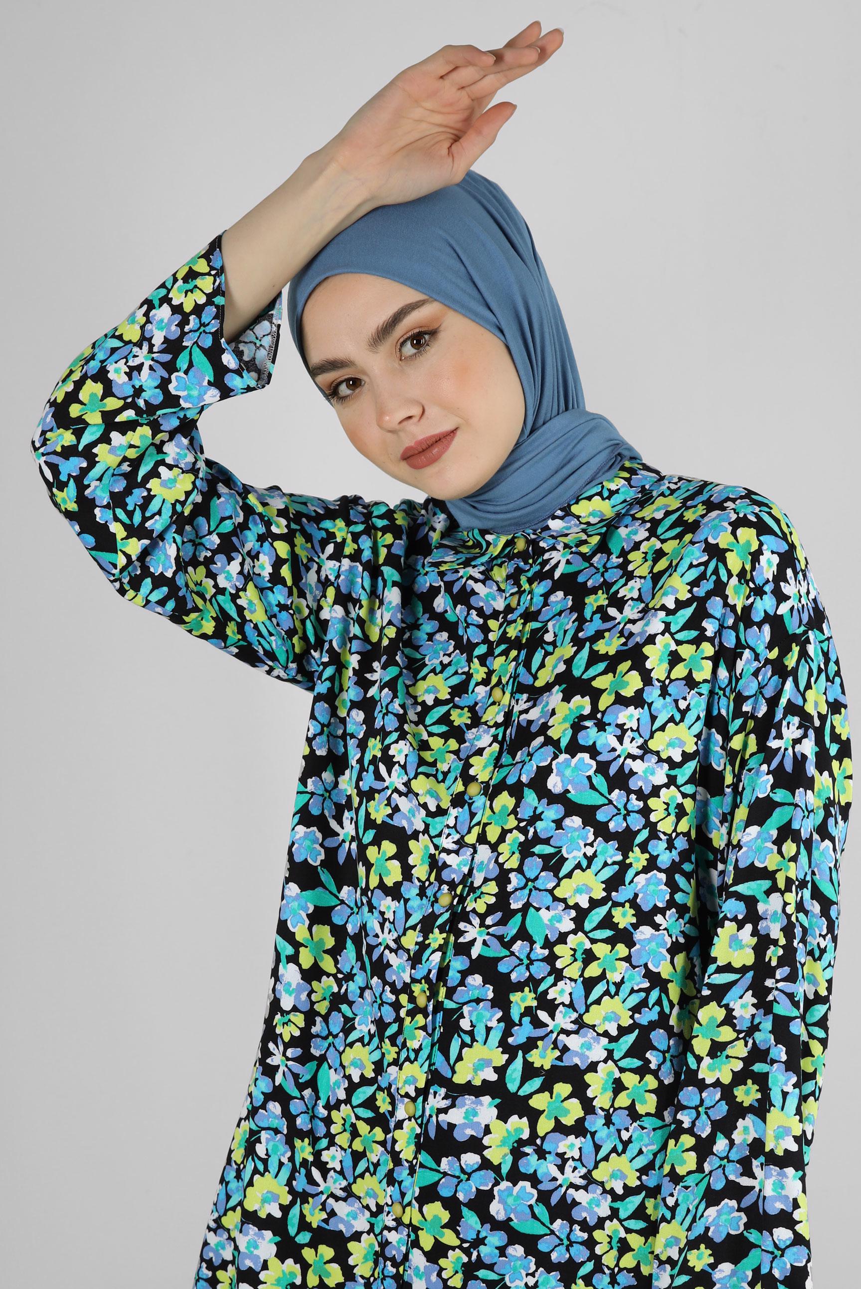 Tesettür giyim MAVİ ÇİÇEK DESENLİ GÖMLEK TUNİK 43643 