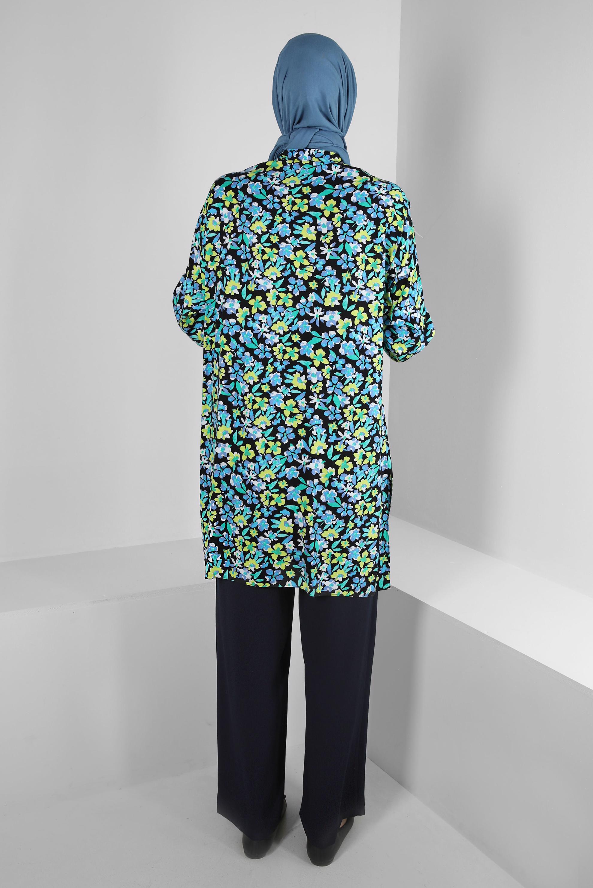 Tesettür giyim MAVİ ÇİÇEK DESENLİ GÖMLEK TUNİK 43643 