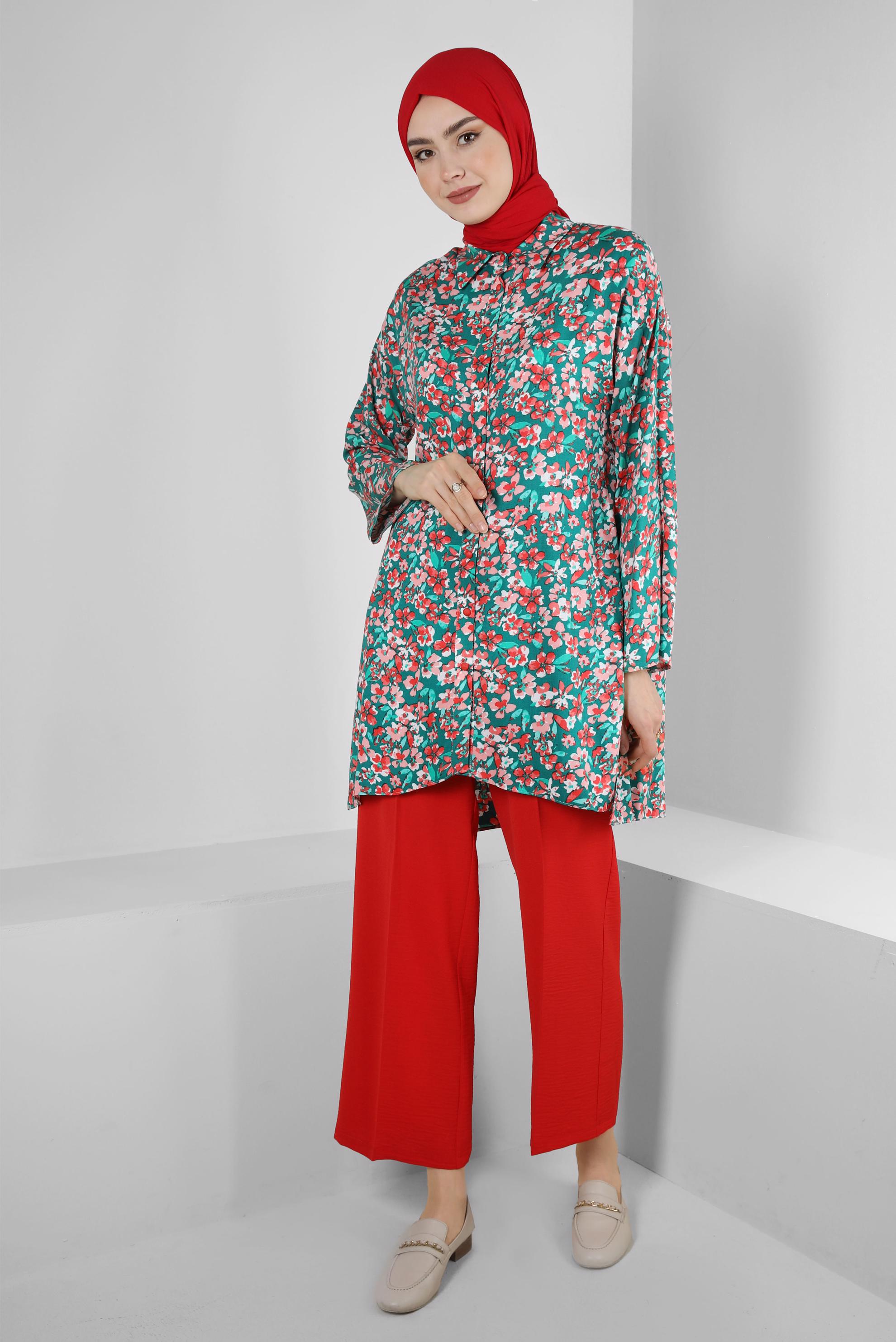 Tesettür giyim YEŞİL ÇİÇEK DESENLİ GÖMLEK TUNİK 43643 