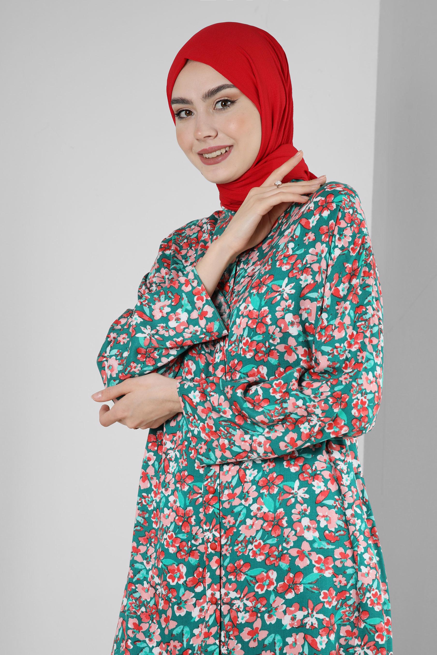 Tesettür giyim YEŞİL ÇİÇEK DESENLİ GÖMLEK TUNİK 43643 
