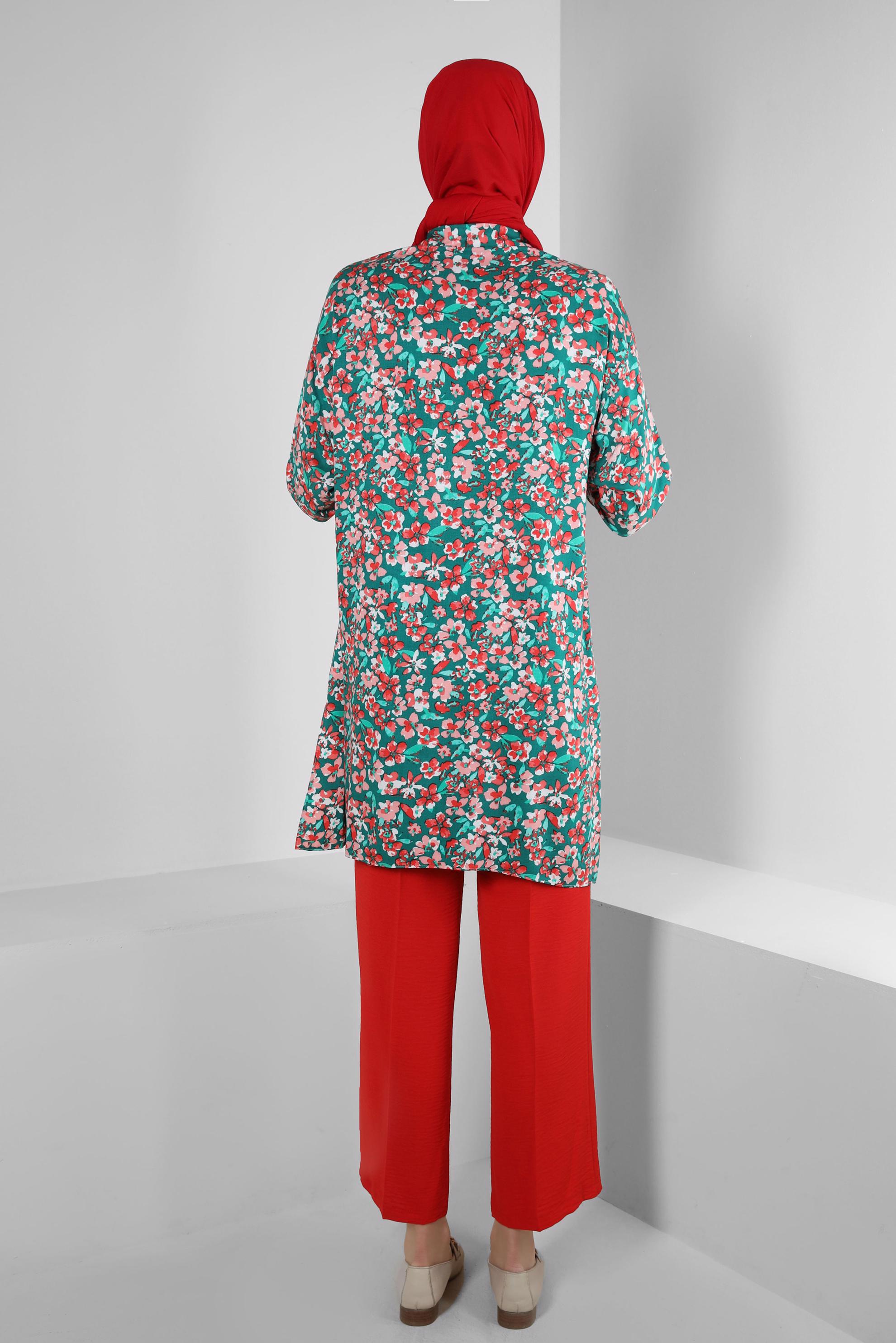 Tesettür giyim YEŞİL ÇİÇEK DESENLİ GÖMLEK TUNİK 43643 