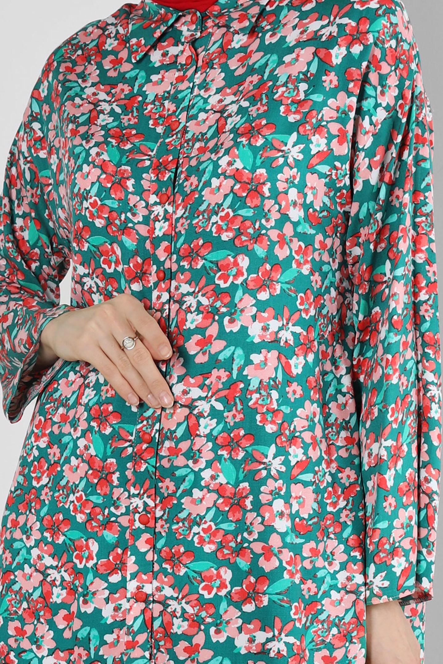 Tesettür giyim YEŞİL ÇİÇEK DESENLİ GÖMLEK TUNİK 43643 