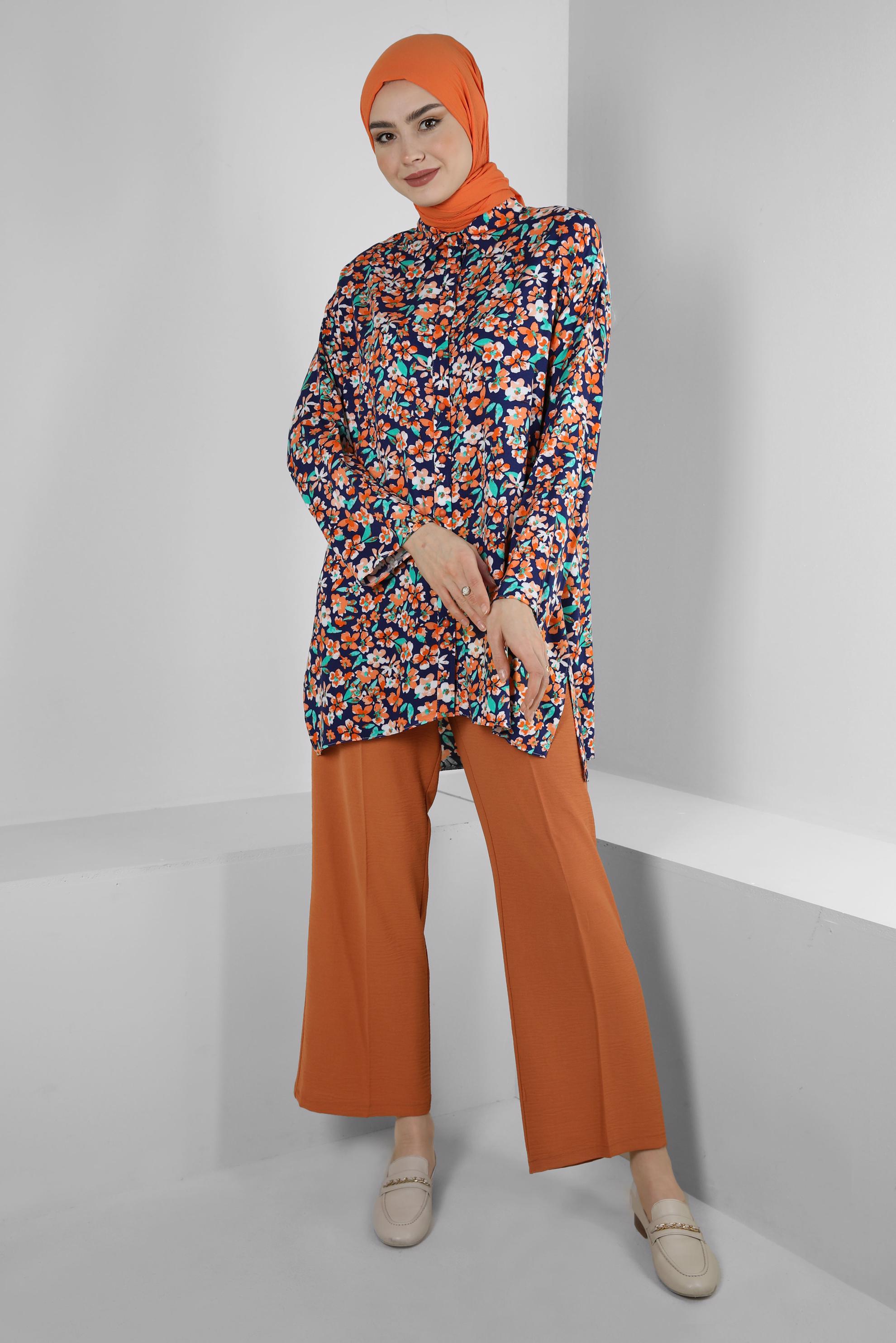 Tesettür giyim TURUNCU ÇİÇEK DESENLİ GÖMLEK TUNİK 43643 