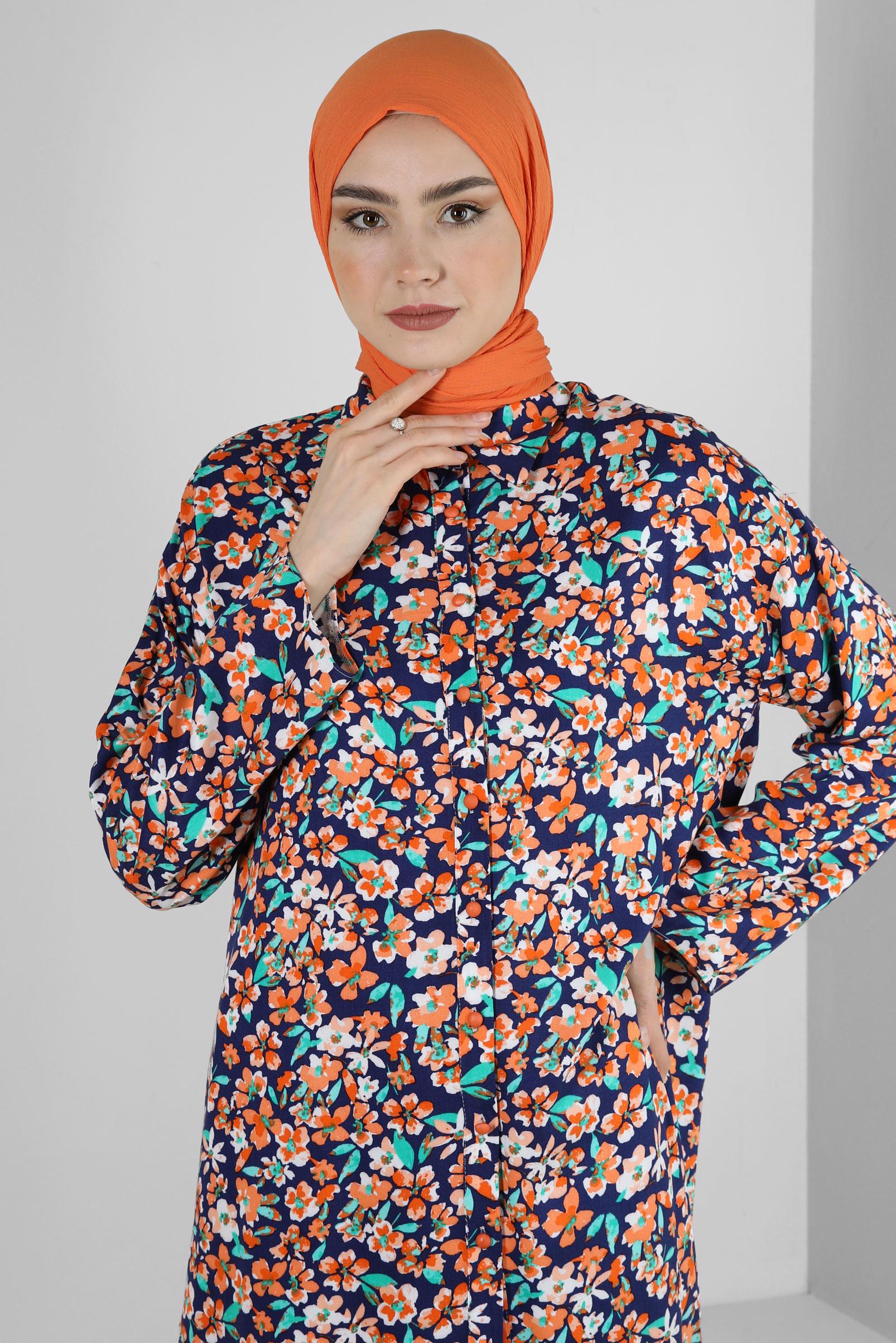 Tesettür giyim TURUNCU ÇİÇEK DESENLİ GÖMLEK TUNİK 43643 