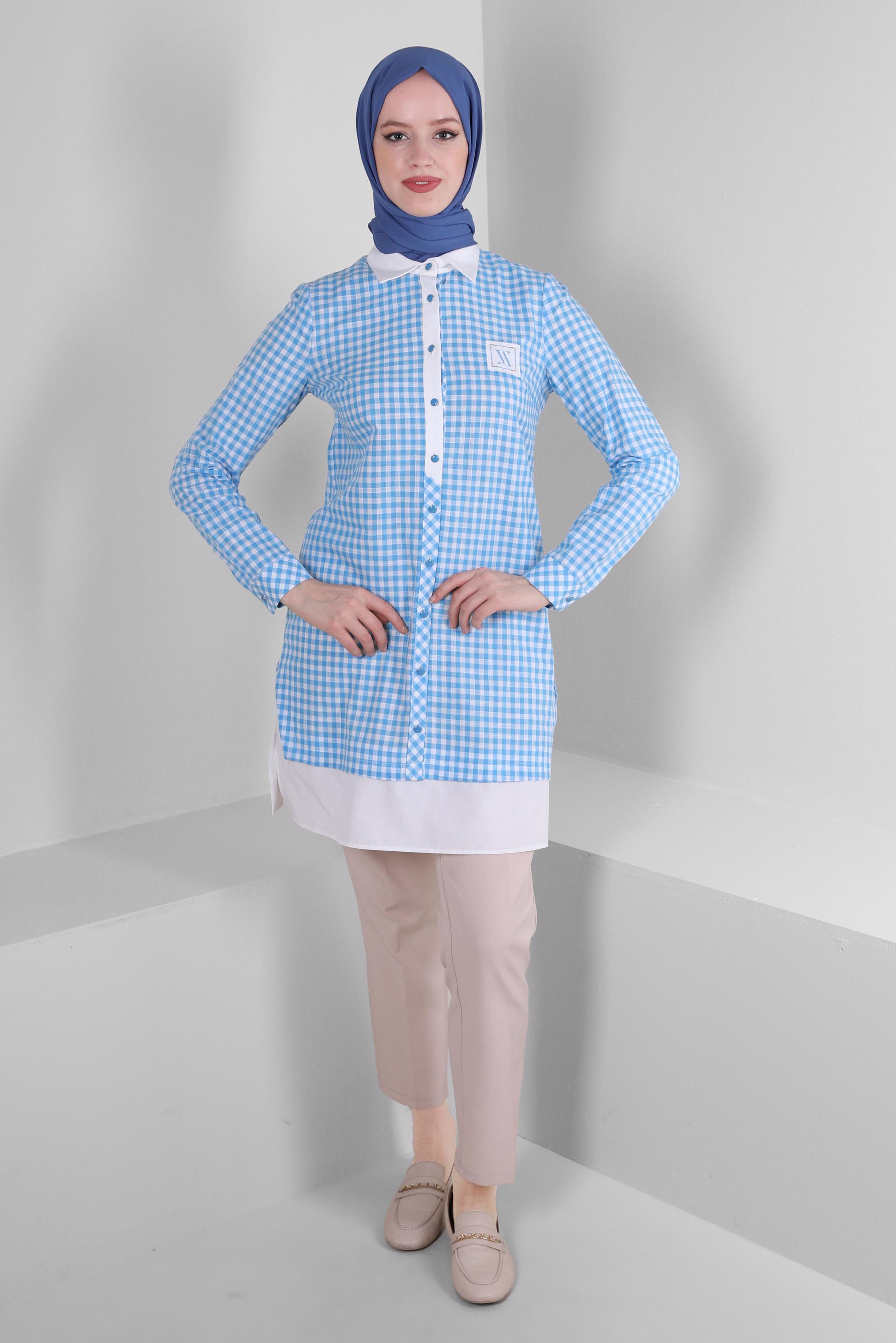 Tesettür giyim MAVİ PÖTİKARE DESENLİ DÜĞMELİ TUNİK 43644