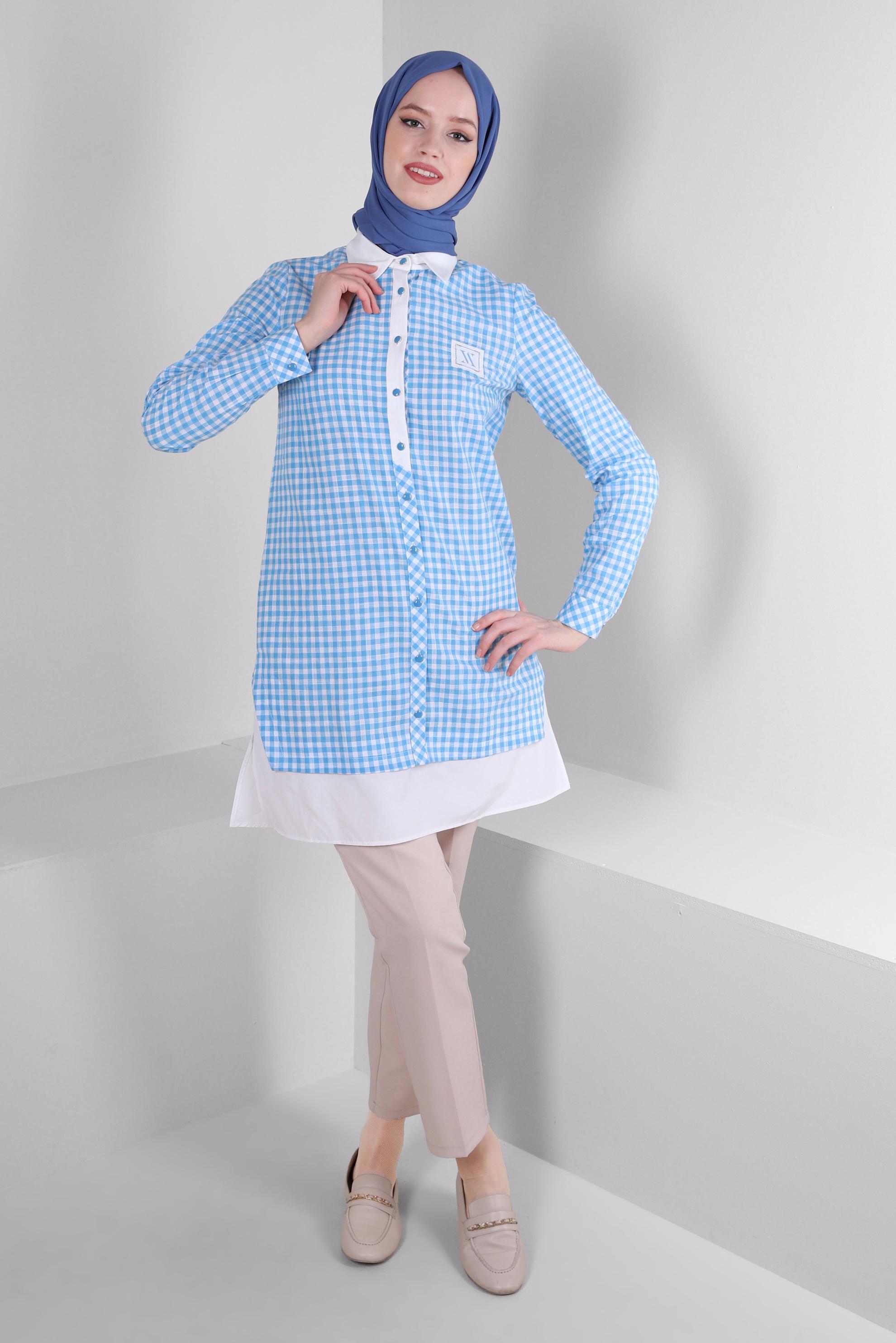 Tesettür giyim MAVİ PÖTİKARE DESENLİ DÜĞMELİ TUNİK 43644