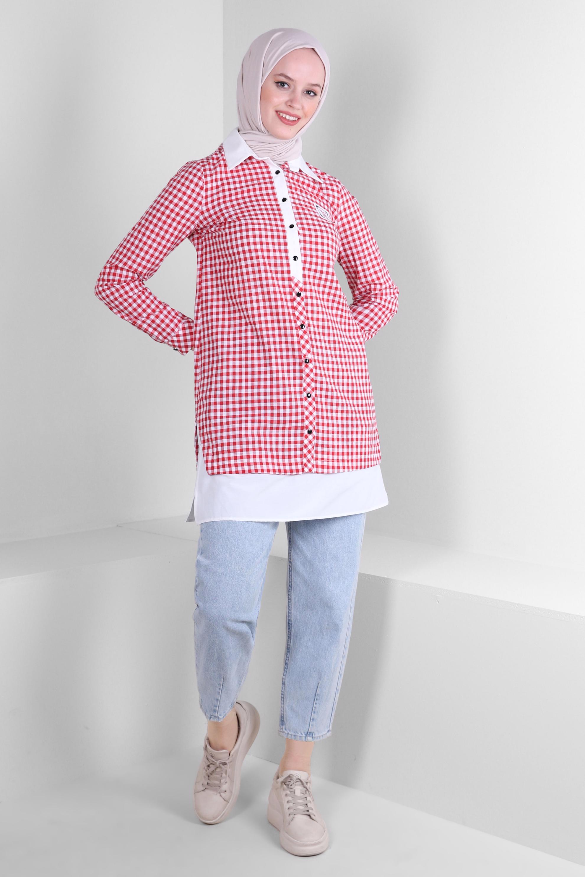 Tesettür giyim KIRMIZI PÖTİKARE DESENLİ DÜĞMELİ TUNİK 43644