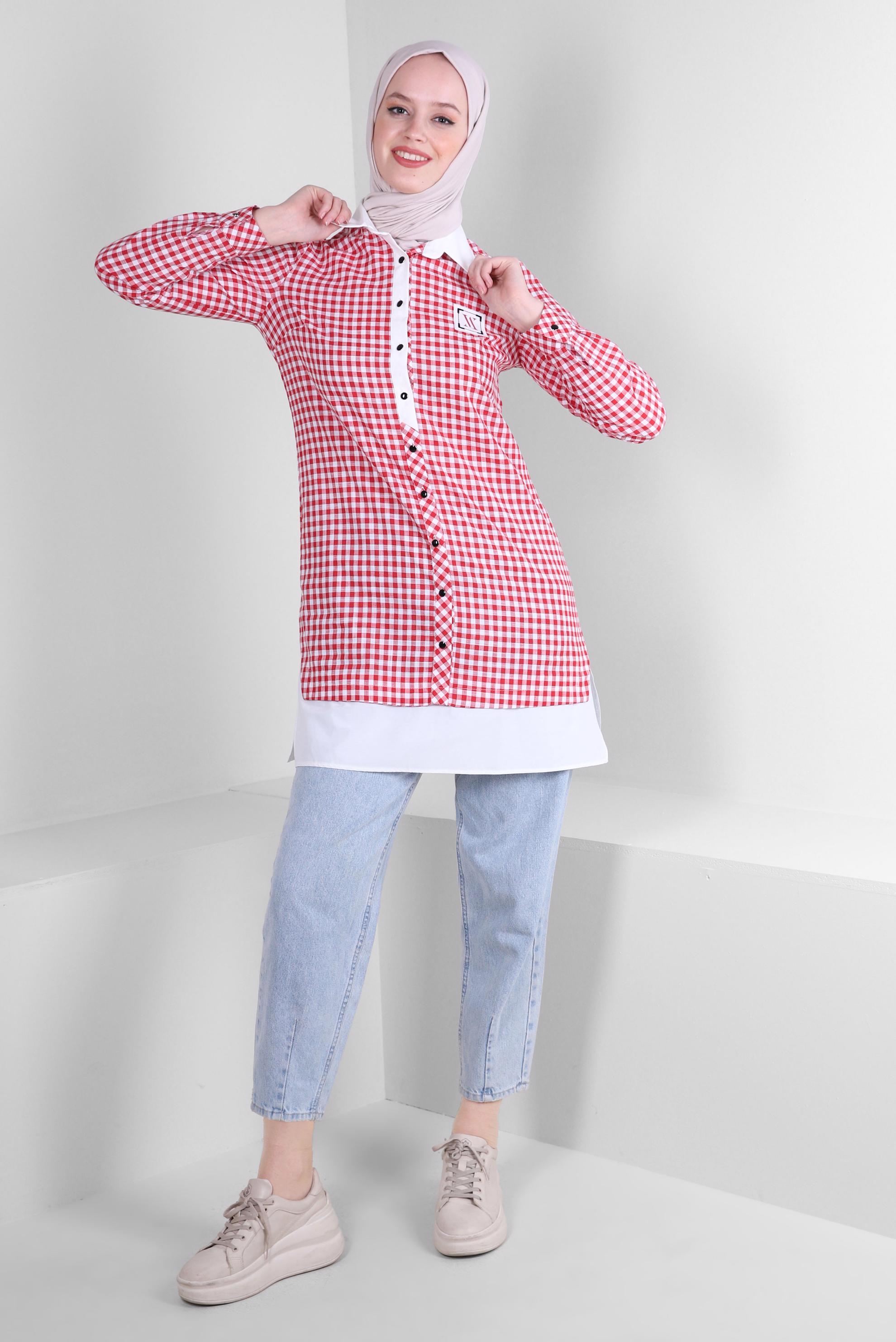 Tesettür giyim KIRMIZI PÖTİKARE DESENLİ DÜĞMELİ TUNİK 43644