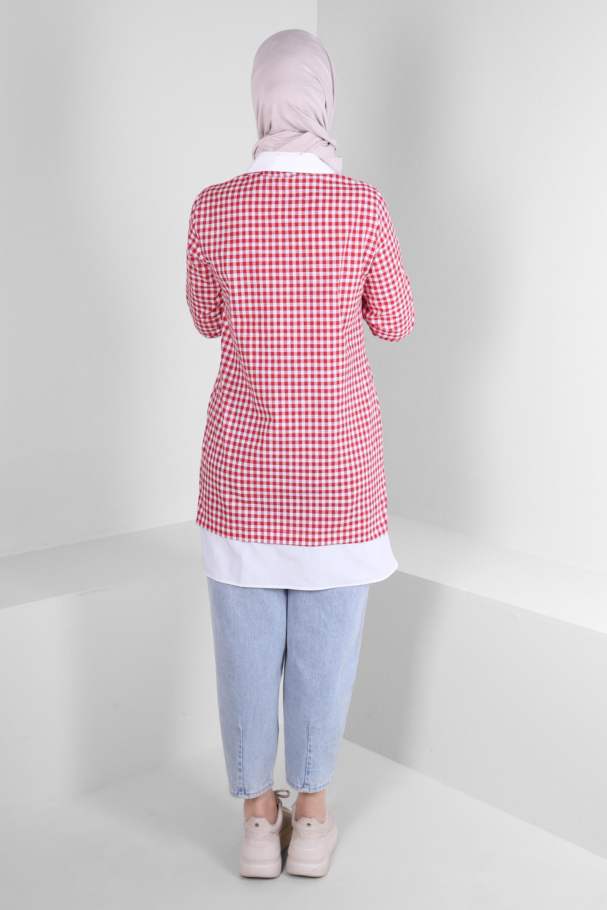 Tesettür giyim KIRMIZI PÖTİKARE DESENLİ DÜĞMELİ TUNİK 43644